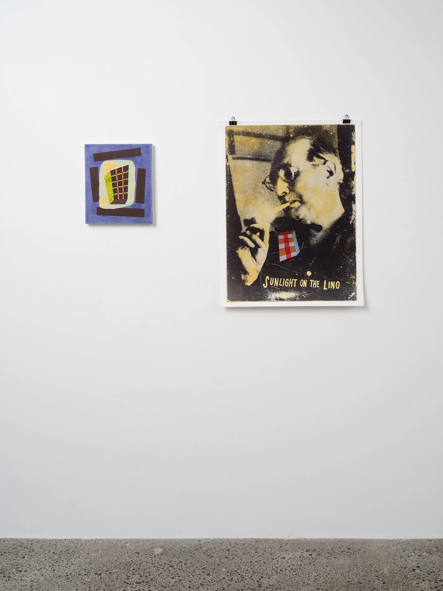 Left: Odessa 2025 acrylic on linen 350 x 300mm Right: M.R. Latvia 2024 digital ink jet print, ed. 2/6 825 x 635mm