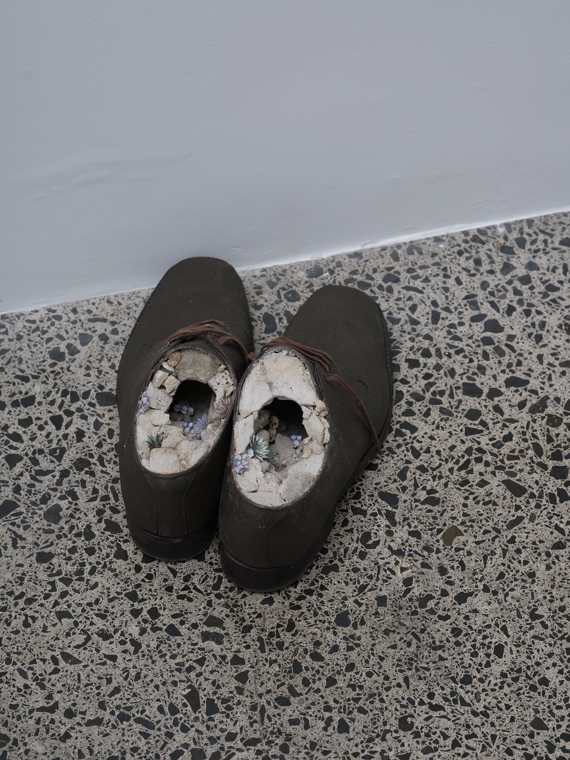Plato’s Cave 2025 leather shoes, mixed media, inkjet collage dimensions variable