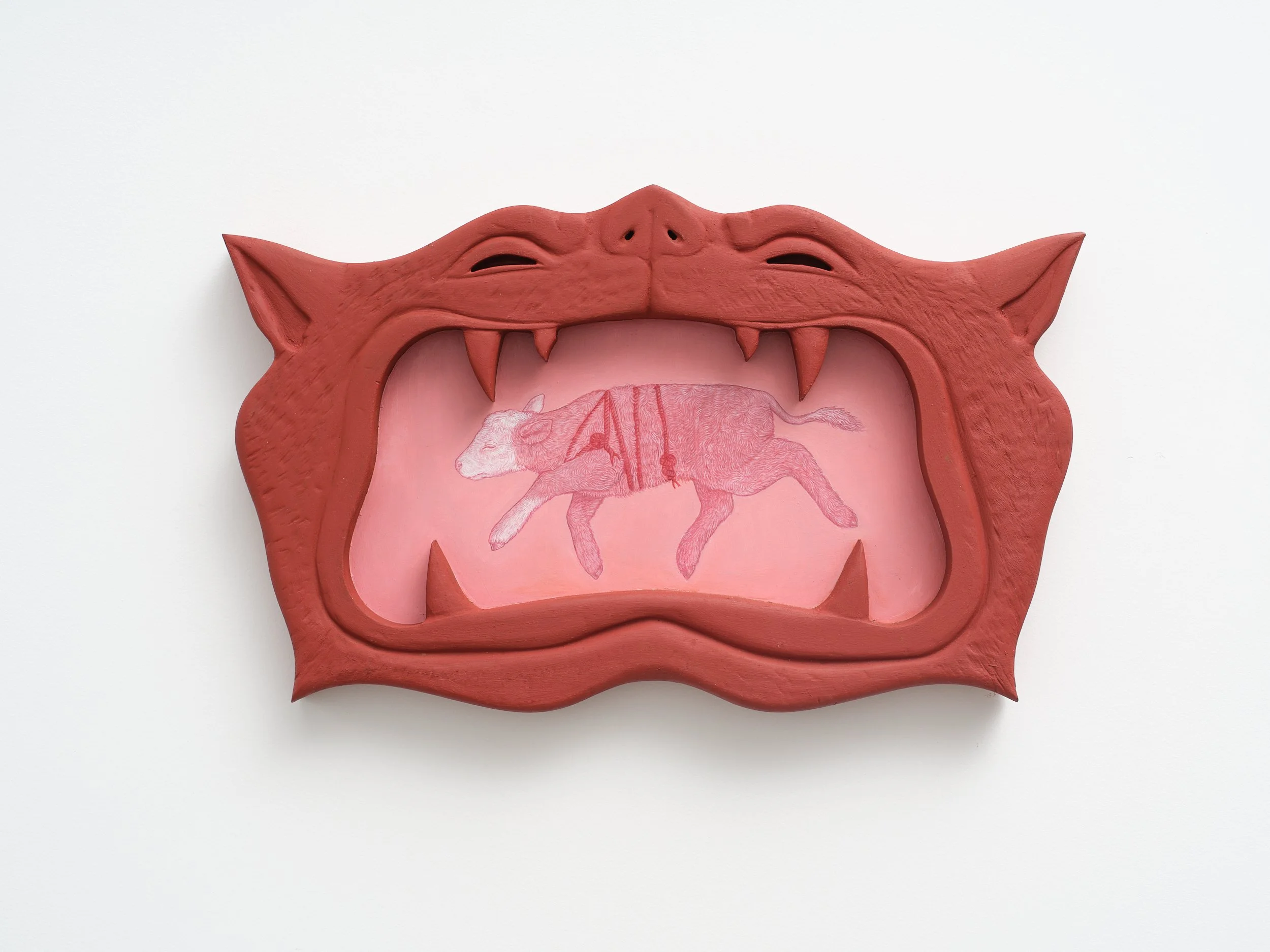 Madigan Squeeze 2025 oil and coloured pencil on board, carved MDF frame 500 x 275 x 45mm