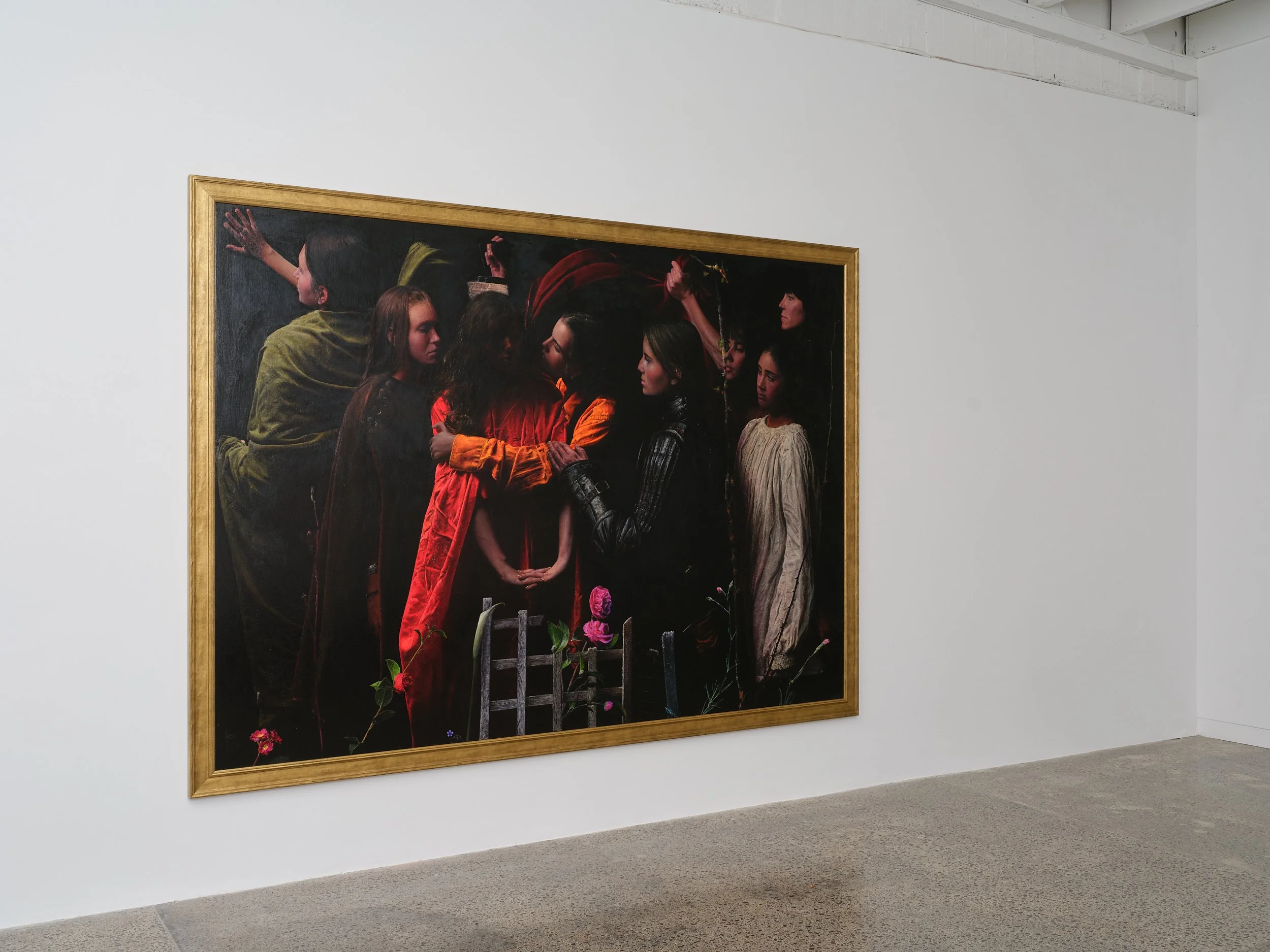   In the garden   2026 oil and 24ct gold leaf on linen 1900 x 2700mm (image) 2060 x 2860mm (framed) 