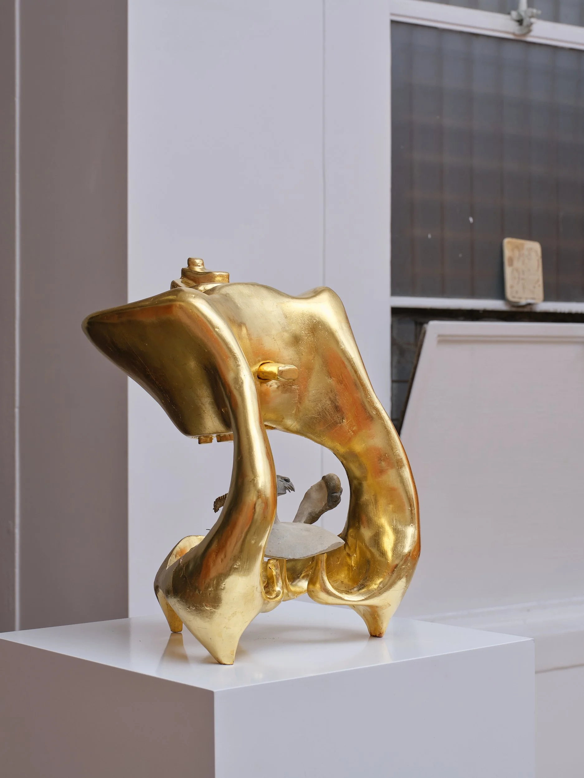   Self Portrait with Chamber Music: feat. Walliserops, Flying Paralejurus, Crotacephalina and Reedops  2025-26 Wood, gesso, bole, gold, limestone 255 x 230 x 360mm 