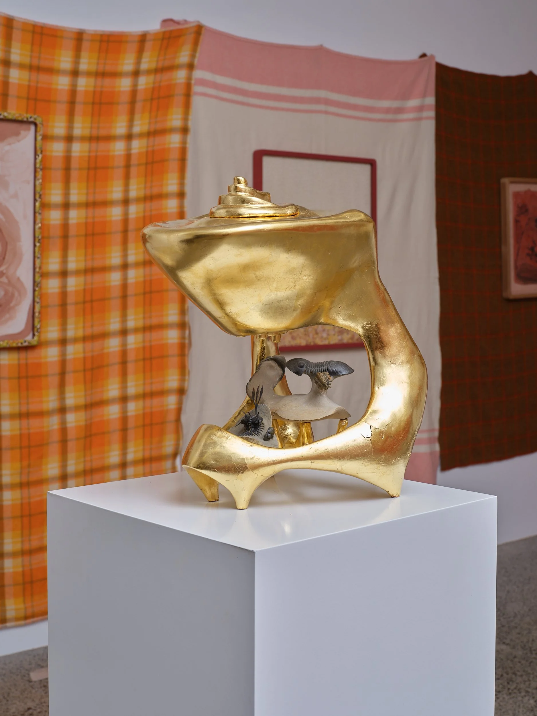   Self Portrait with Chamber Music: feat. Walliserops, Flying Paralejurus, Crotacephalina and Reedops  2025-26 Wood, gesso, bole, gold, limestone 255 x 230 x 360mm 