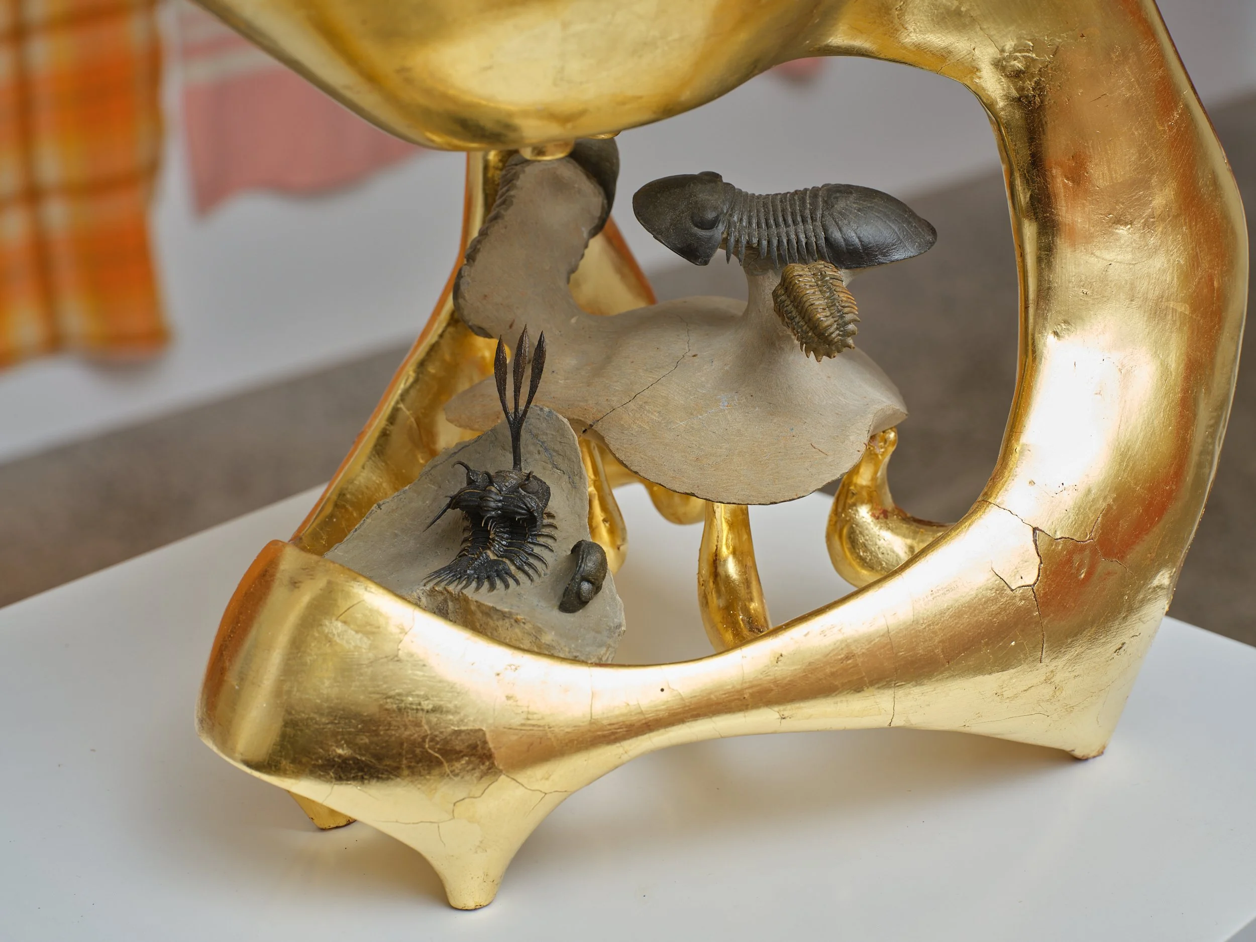   Self Portrait with Chamber Music: feat. Walliserops, Flying Paralejurus, Crotacephalina and Reedops  (detail) 2025-26 Wood, gesso, bole, gold, limestone 255 x 230 x 360mm 