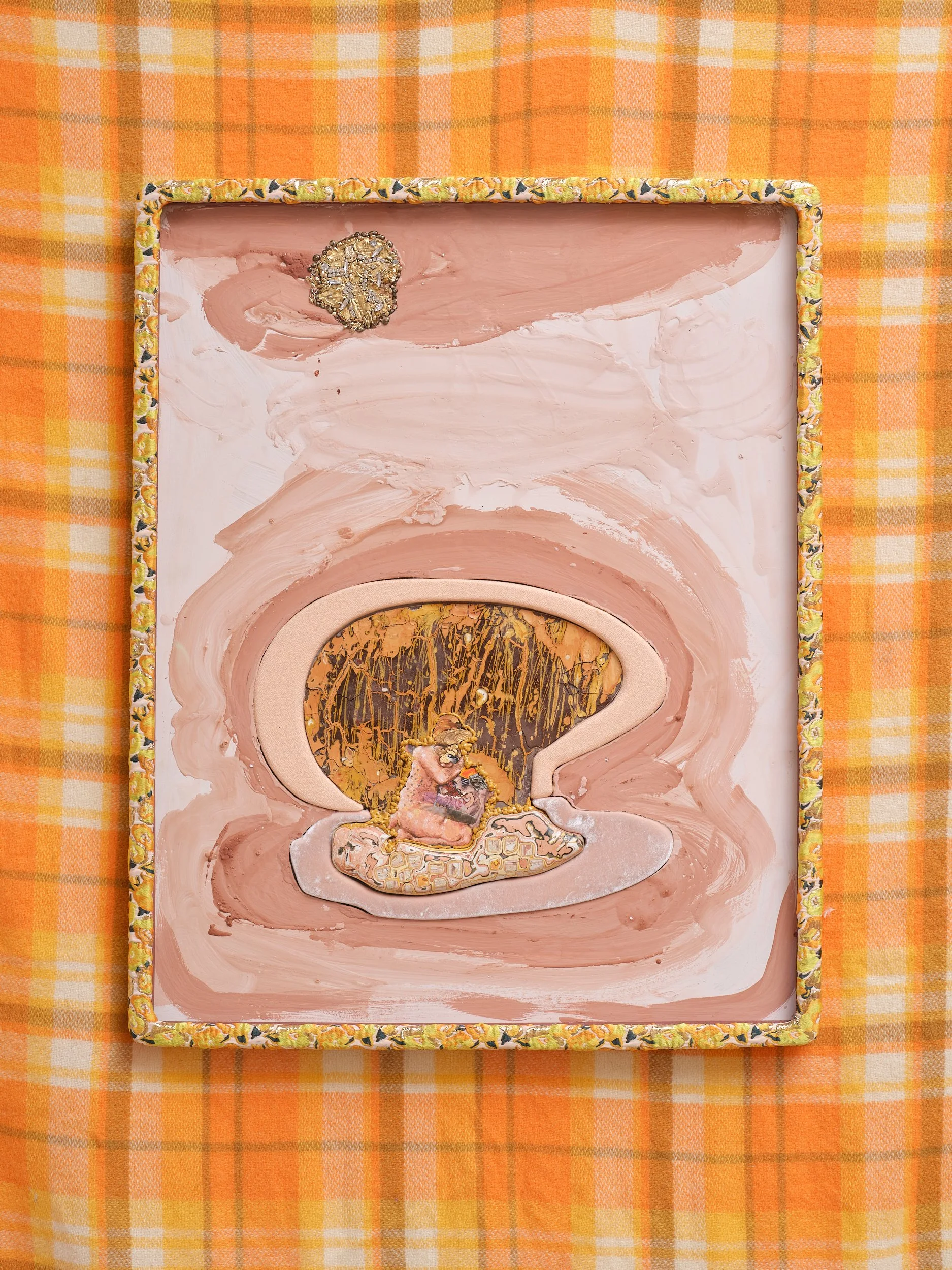   Figure (a)  2026 Gouache, bole, gesso, gold, metallic paint, iridescent watercolour, eyeshadow, diamonds, gold plated magnetite, brass, rhinestones, sealing wax, gum elemi, rosin, Renaissance Wax, silk velvet, wool crêpe 790 x 360mm 