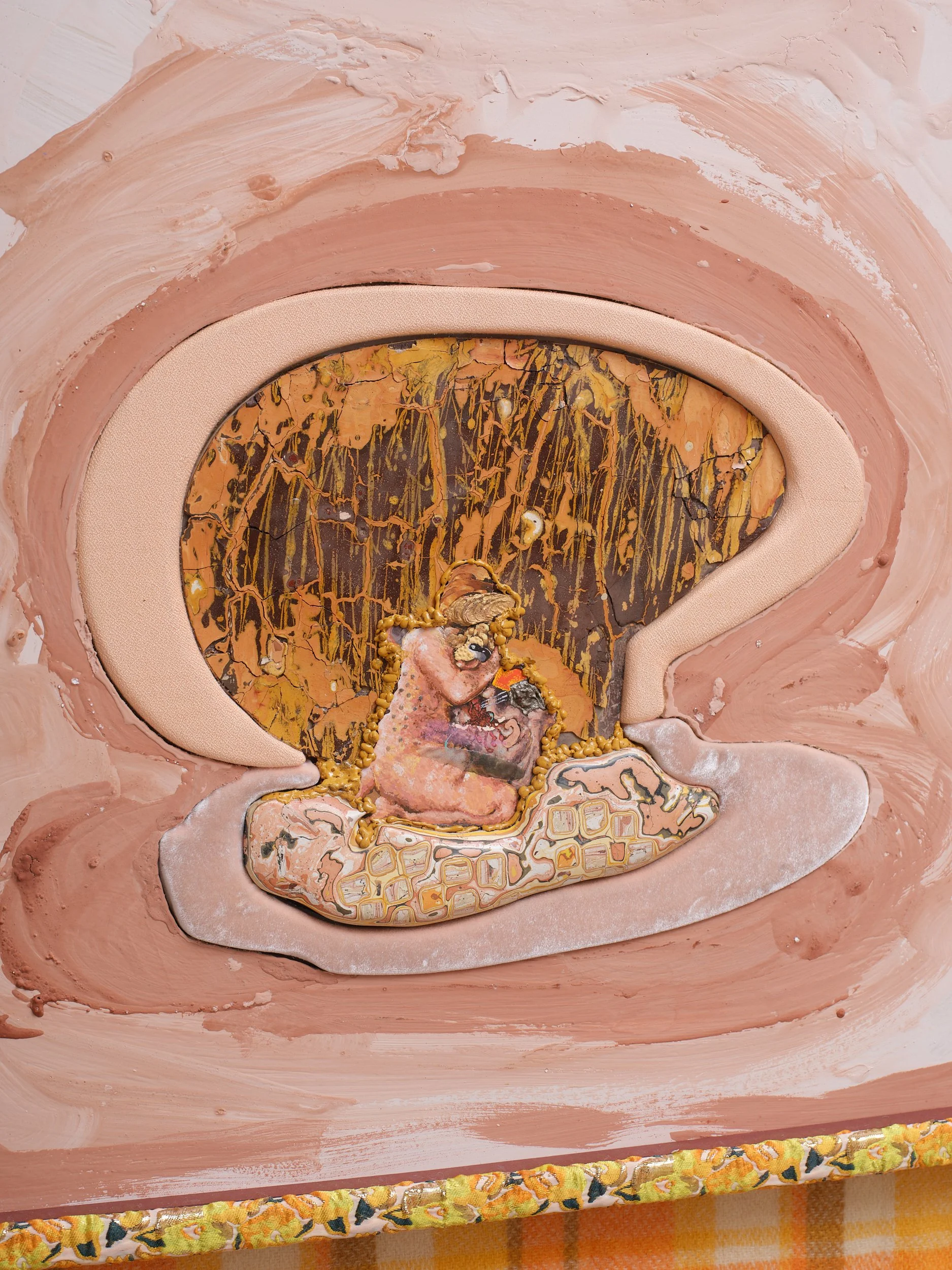   Figure (a)  (detail) 2026 Gouache, bole, gesso, gold, metallic paint, iridescent watercolour, eyeshadow, diamonds, gold plated magnetite, brass, rhinestones, sealing wax, gum elemi, rosin, Renaissance Wax, silk velvet, wool crêpe 790 x 360mm 