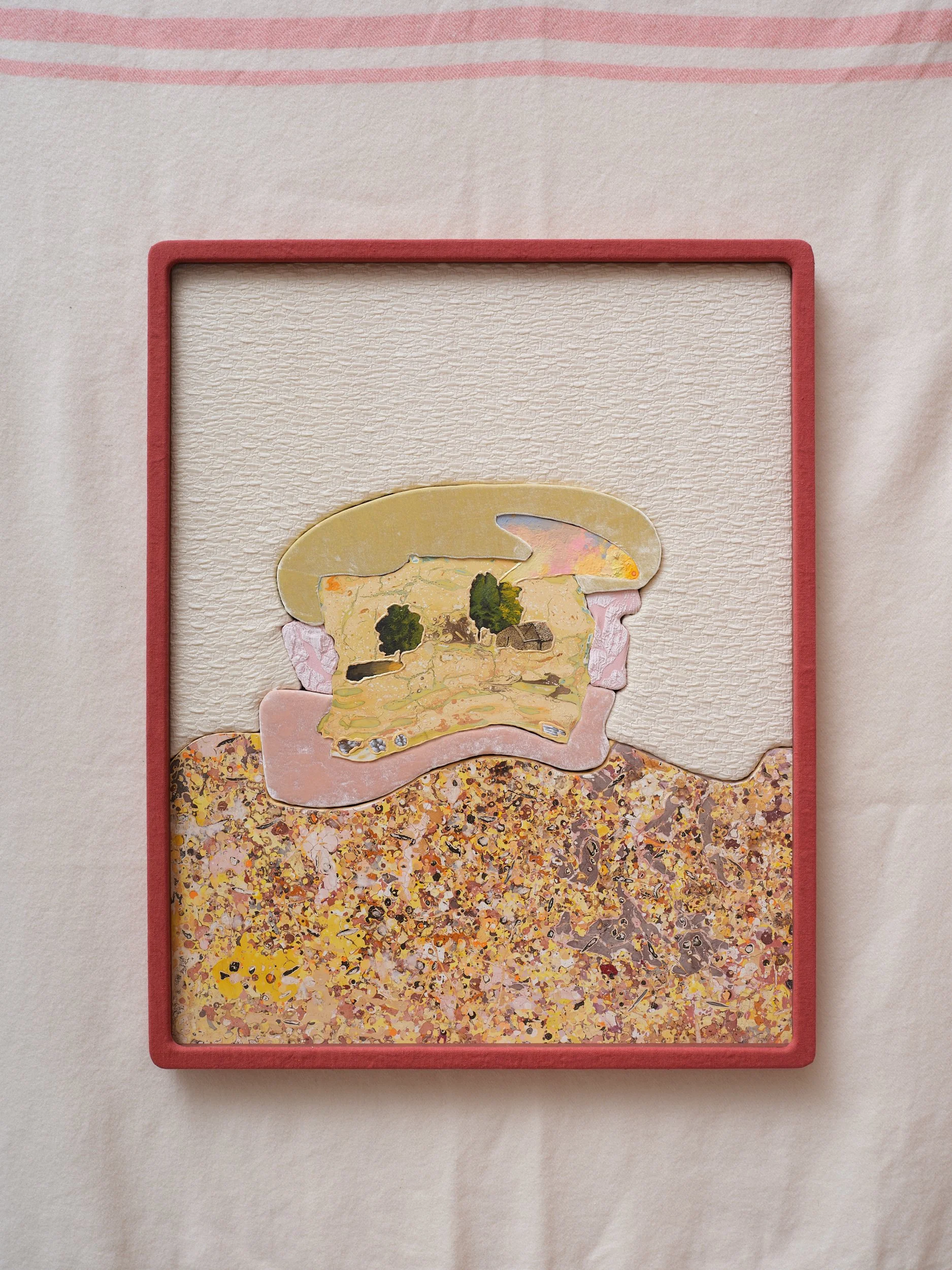   Song of Bema  2025 Gouache, bole, gesso, iridescent watercolour, silk velvet, cotton and synthetic bouclé, Renaissance Wax 790 x 360mm 