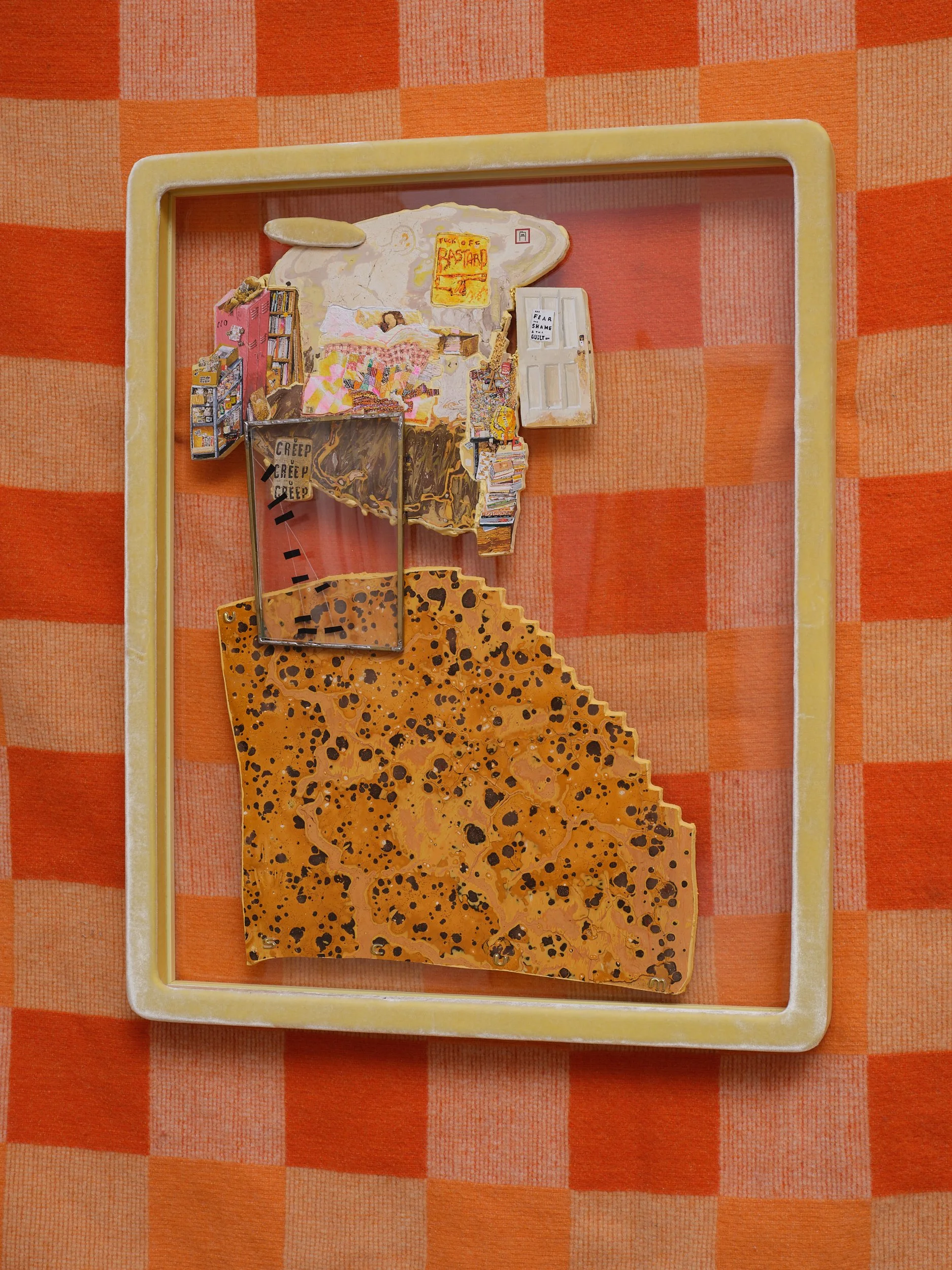   A Room of One’s Own (U Scum)  2025-26 Gouache, bole, gesso, metallic pant, iridescent watercolour, eye shadow, brass, sticker, plastic, solder, silk velvet, sealing wax, gum elemi, sealing wax, rosin, Renaissance Wax 590 x 470mm 