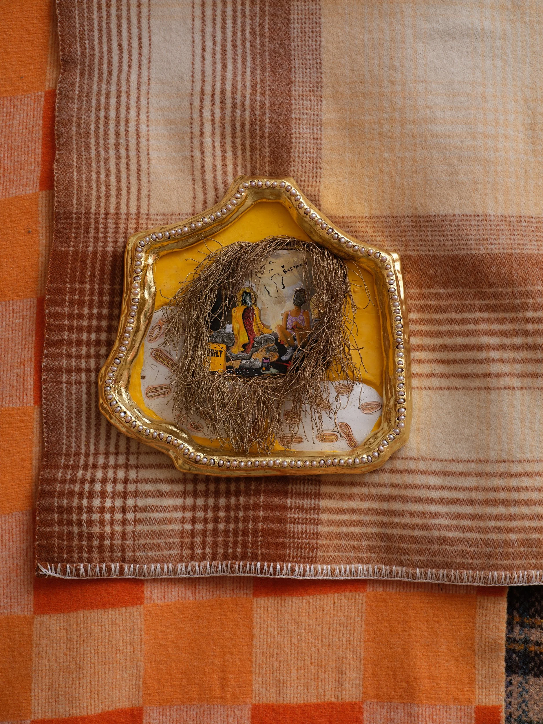   Double Portrait feat. The Guilt  2024-26 Gouache, metallic paint, iridescent watercolour, bole, gold, gesso, pearls, metallic thread, sticker 265 x 270 x 30mm 