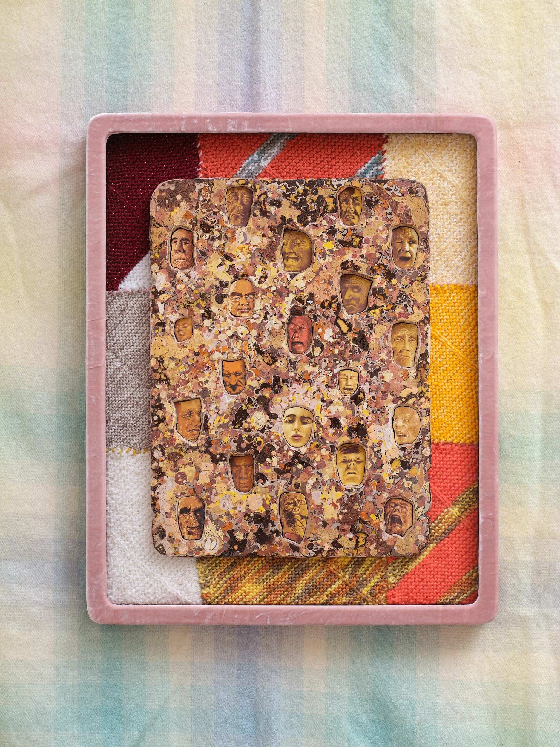   20 Masks of The Emotional Predator  2025-2026 Gouache, bole, gesso on panel, Renaissance Wax, wool and synthetic fibre 590 x 470mm 