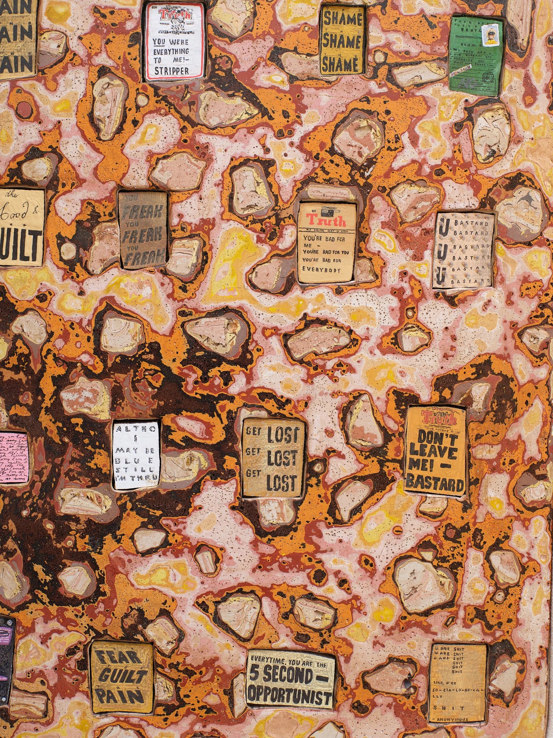   16 Posters  (detail) 2025-26 Gouache, bole, metallic paint, eyeshadow, gloss varnish, gesso on panel, Renaissance Wax, wool crêpe 590 x 470mm 