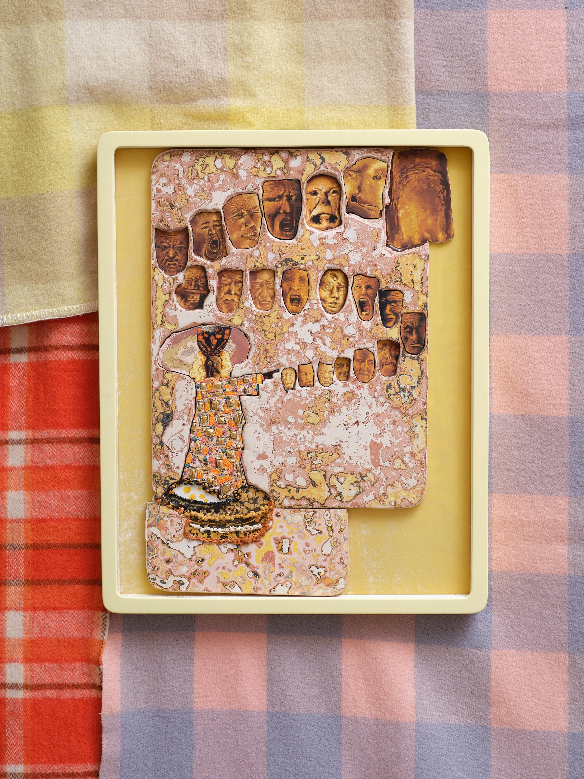   Self Portrait with Masks  2025-26 Gouache, bole, gesso on panel, eyeshadow, Koro Gold, sealing wax, gum elemi, dragon’s blood, Renaissance Wax, silk velvet 590 x 470mm 