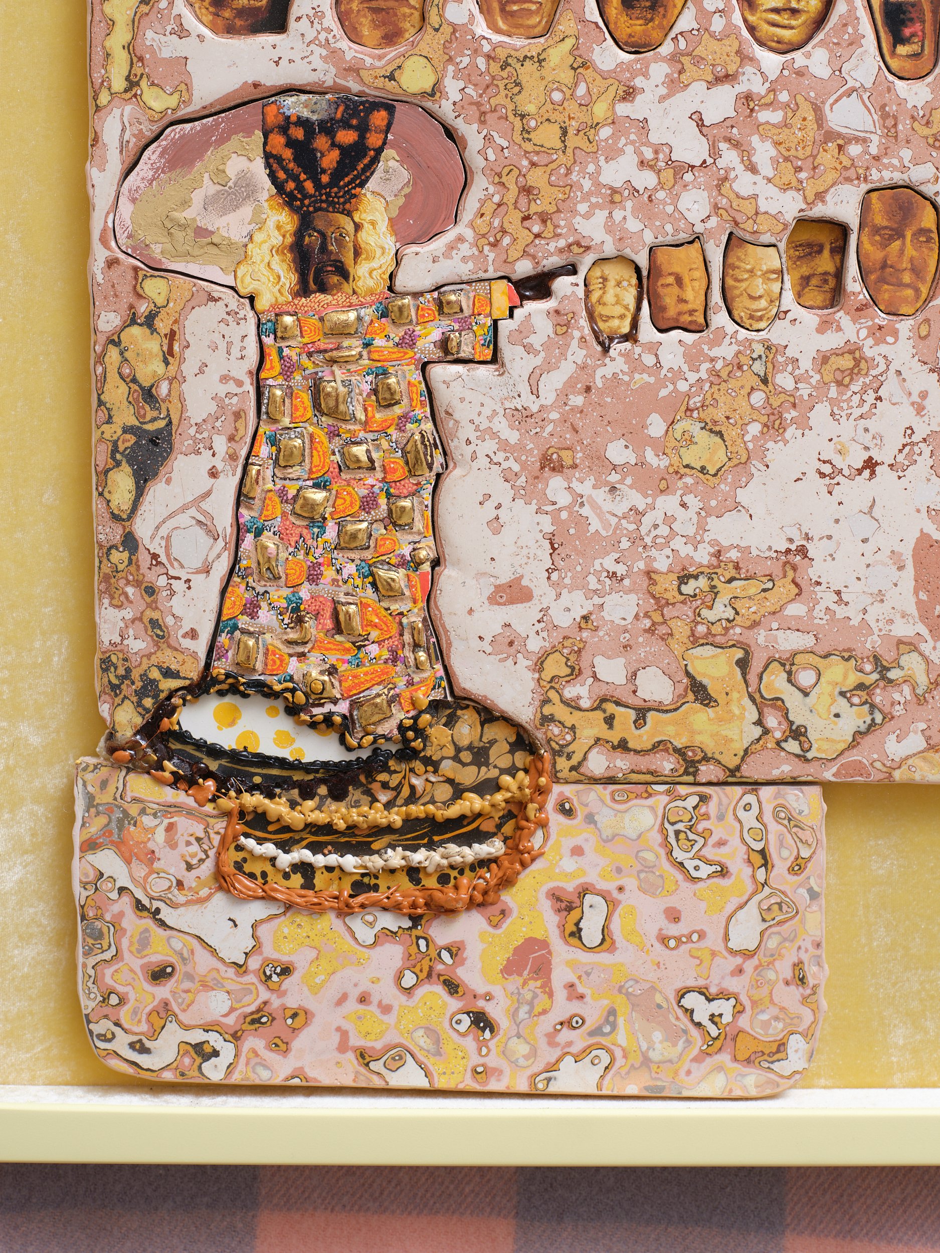   Self Portrait with Masks  (detail) 2025-26 Gouache, bole, gesso on panel, eyeshadow, Koro Gold, sealing wax, gum elemi, dragon’s blood, Renaissance Wax, silk velvet 590 x 470mm 