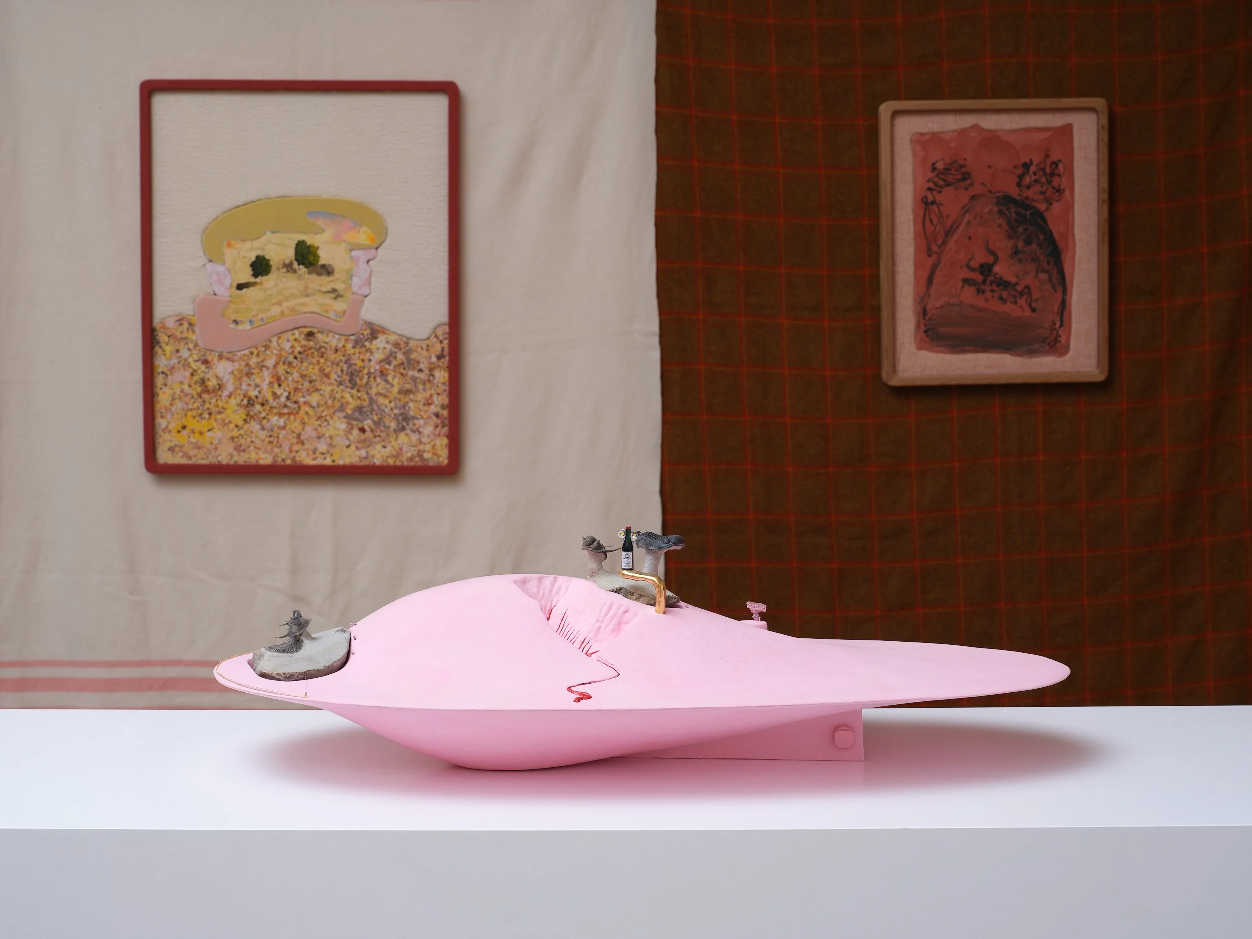   Song of the Lovesick Erbenochile feat. Flying Marroqops &amp; Cyphaspis with Blood and Wine  2025-2026 Wood, pigmented gesso, bole, gold, limestone, electronics, plastic, brass, enamel paint, pearls, rhinestones, diamonds 710 x 205 x 290mm 