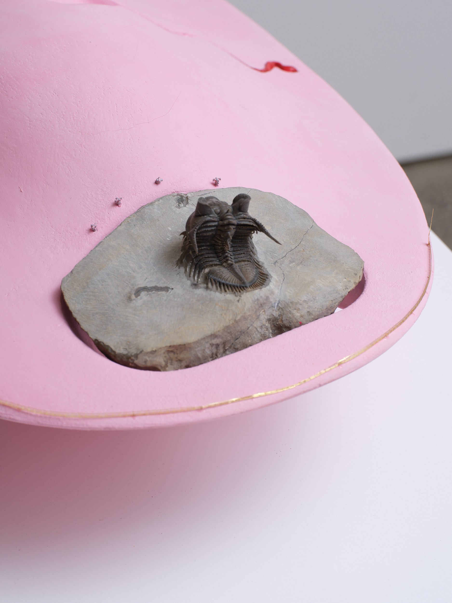   Song of the Lovesick Erbenochile feat. Flying Marroqops &amp; Cyphaspis with Blood and Wine  (detail) 2025-2026 Wood, pigmented gesso, bole, gold, limestone, electronics, plastic, brass, enamel paint, pearls, rhinestones, diamonds 710 x 205 x 290mm