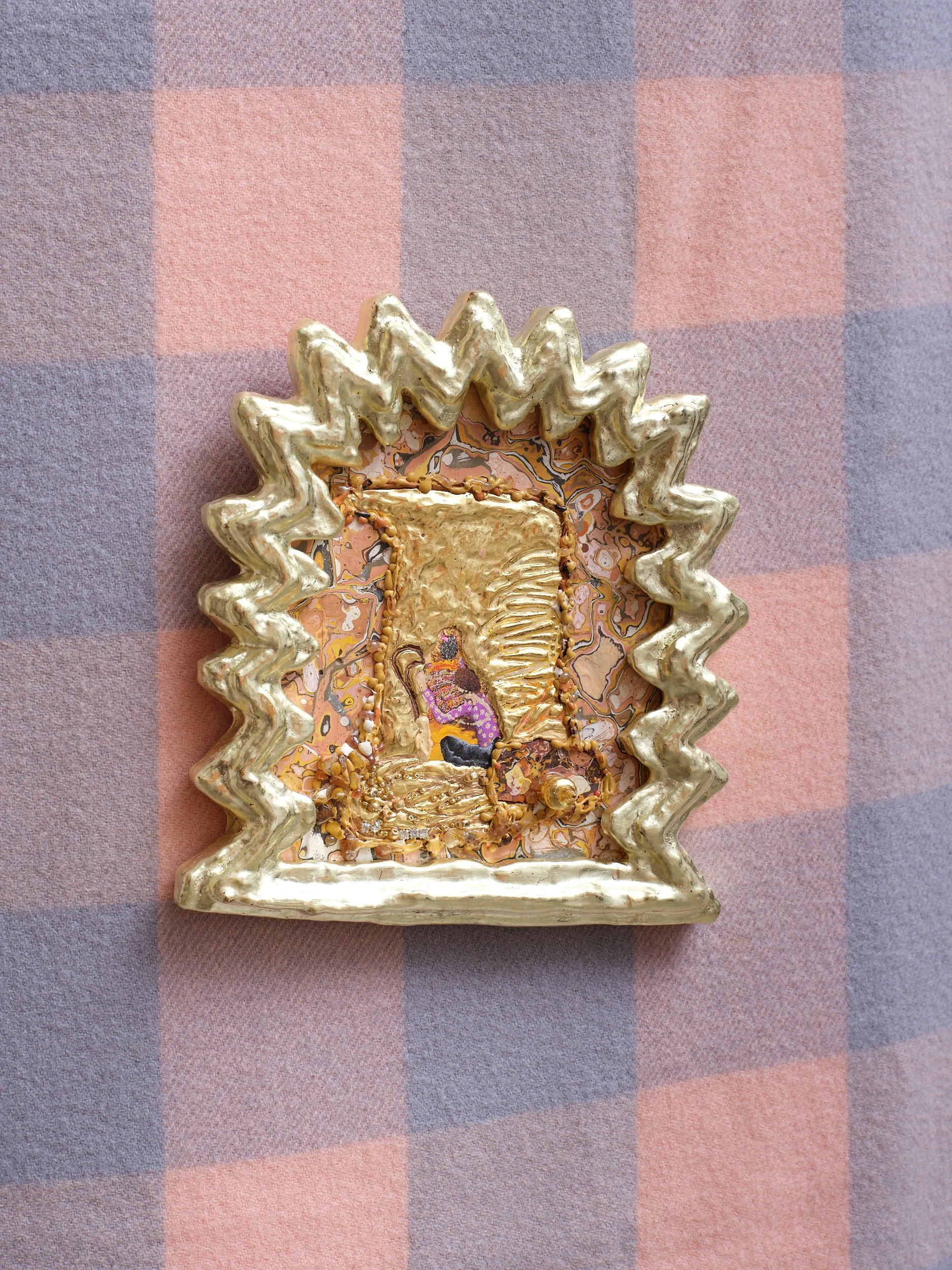   Double Portrait feat. Diamonds  2024-26 Gouache, eyeshadow, metallic paint, iridescent watercolour, gesso, bole, gold, lemon gold, wood, sealing wax, gum elemi, dragon’s blood, gum sandarac, gold plated magnetite, brass, rhinestones 230 x 210 x 20m