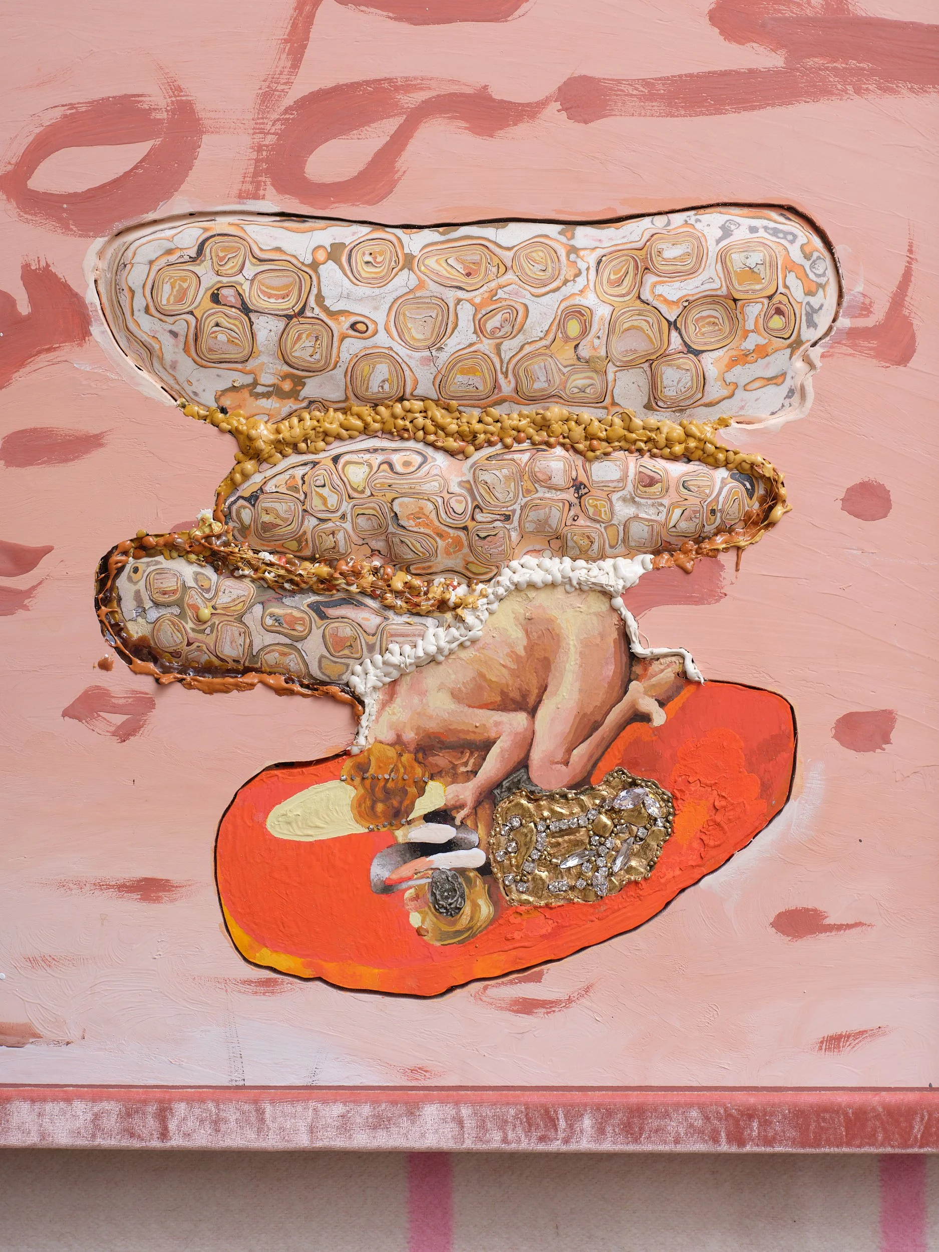   Figure (b)  (detail) 2025-2026 Gouache, bole, gesso, gold, metallic paint, iridescent watercolour, eyeshadow, diamonds, gold plated magnetite, brass, rhinestones, sealing wax, gum elemi, rosin, Renaissance Wax 590 x 470mm 