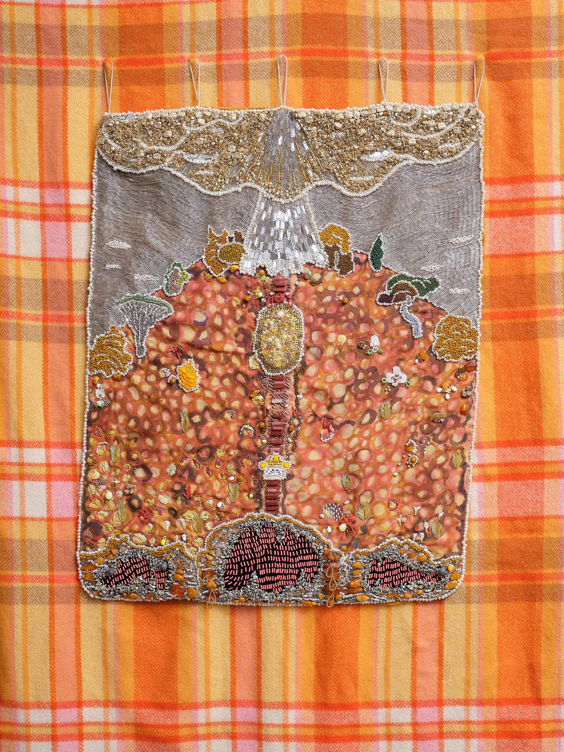   You're Better Way Up! Feat. Nichola Shanley   2024 painted silk crêpe, double organza, glass, sequins, gold plated metal, silk velvet, linen, seed beads, amber, onyx, jasper, pearls 670 x 530mm 