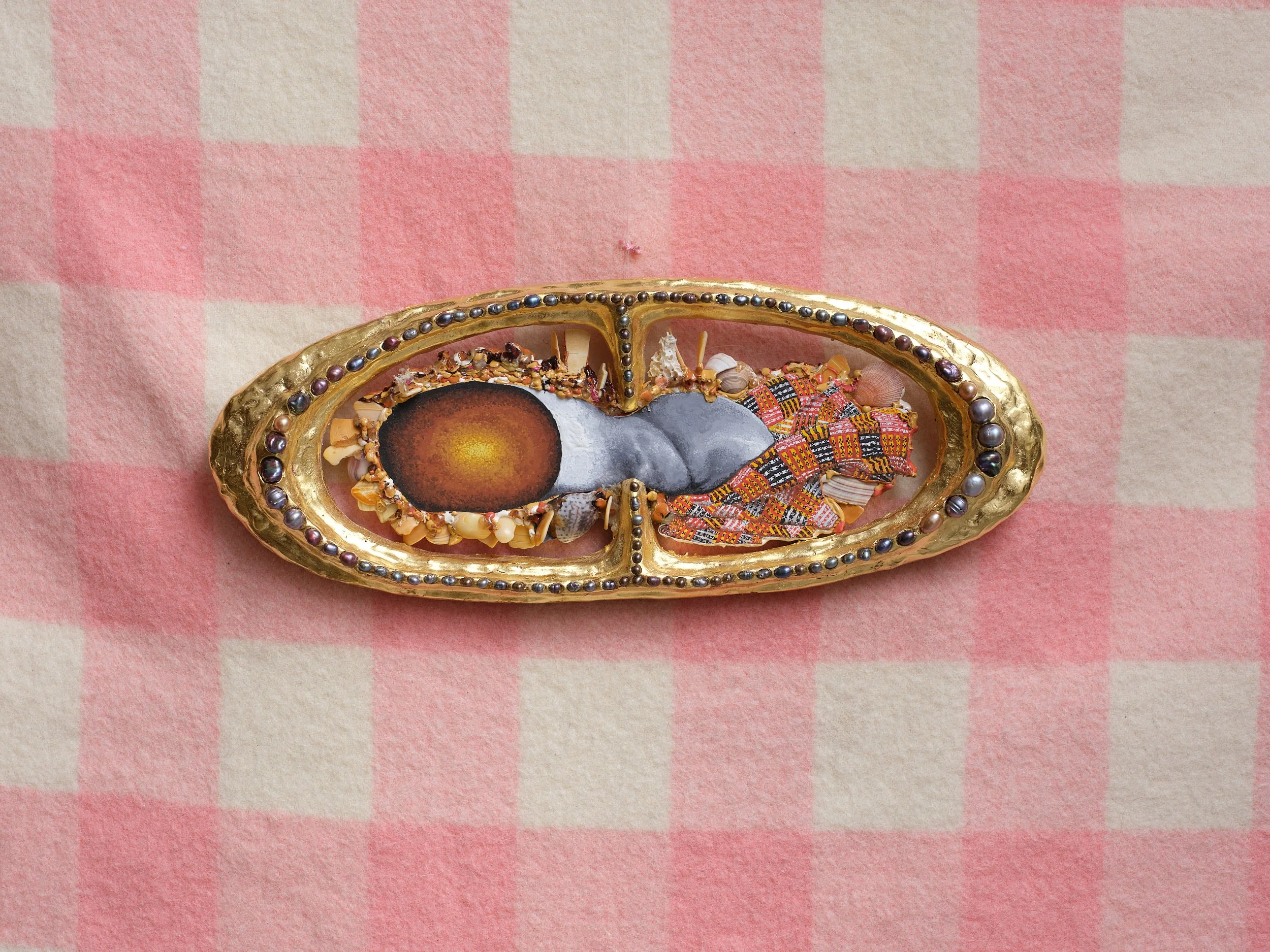   Marlon the Marlin  2024-26 Gouache, gesso, bole, gold, wood, pearls, shells, sealing wax, gum elemi, rosin, dragon’s blood 135 x 345 x 25mm 