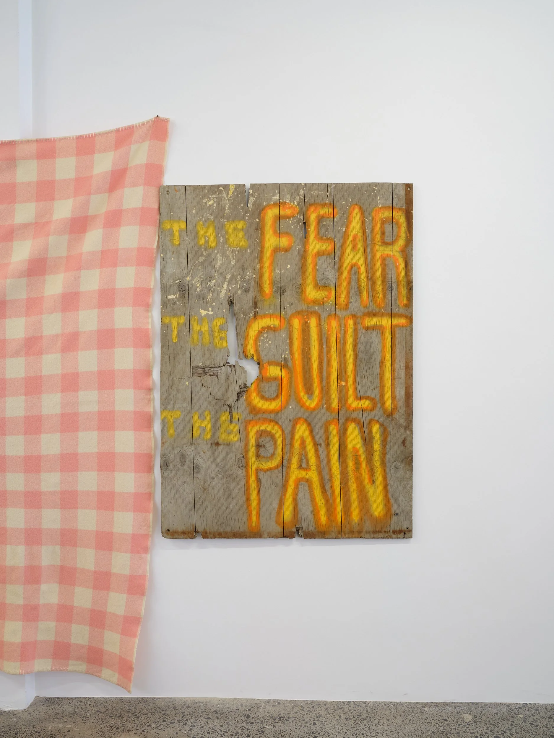   The Fear, The Guilt, &amp; The Pain  1967-2026 Spray paint on plywood 1360 x 970mm 