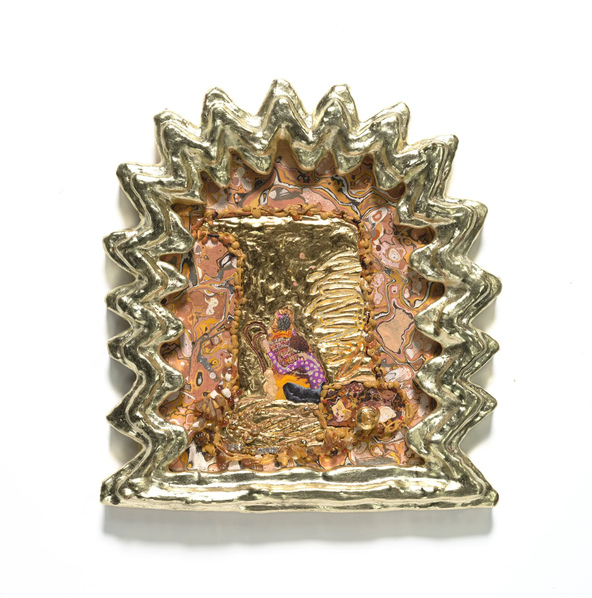   Double Portrait feat. Diamonds  2024-26 Gouache, eyeshadow, metallic paint, iridescent watercolour, gesso, bole, gold, lemon gold, wood, sealing wax, gum elemi, dragon’s blood, gum sandarac, gold plated magnetite, brass, rhinestones 230 x 210 x 20m