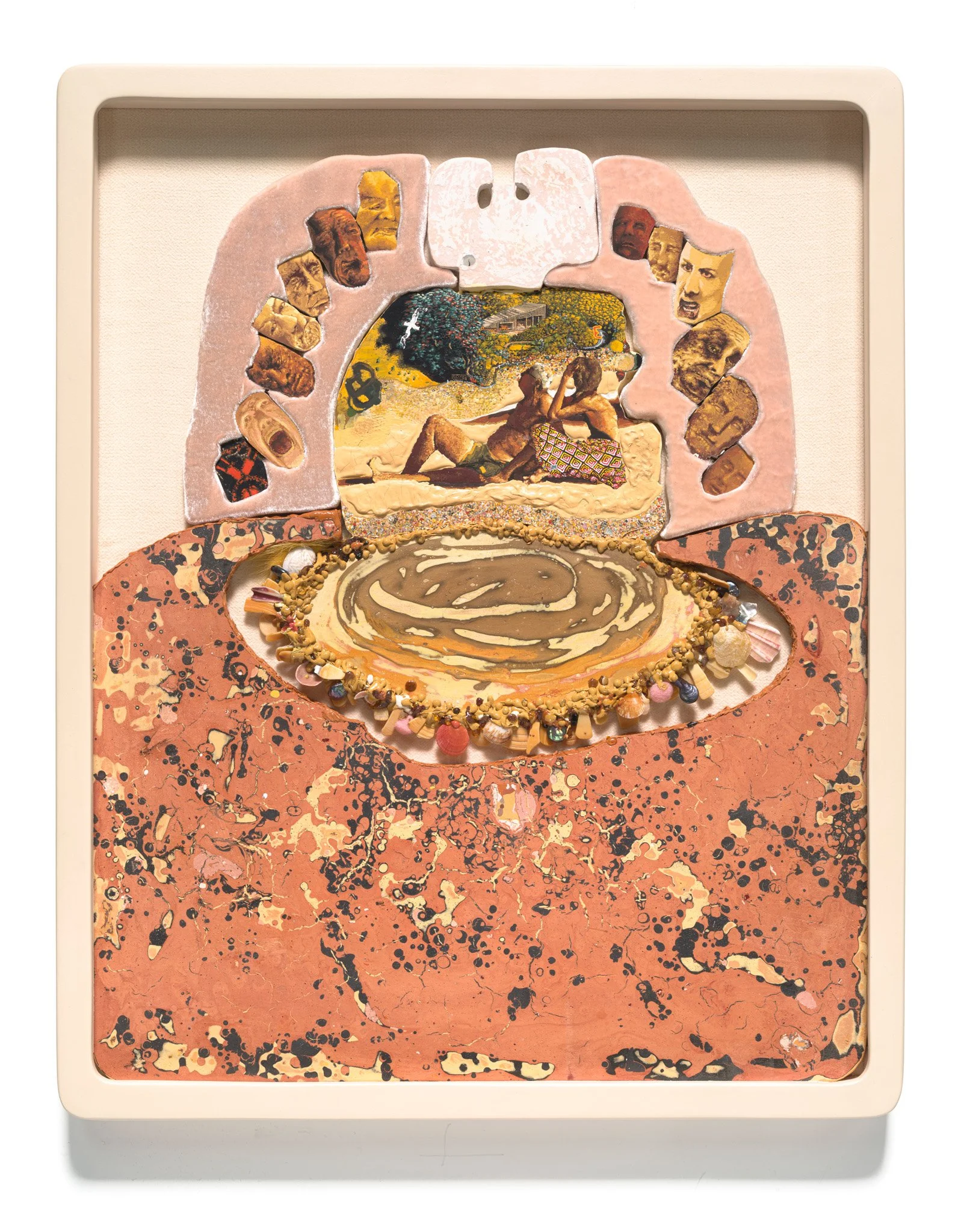   Two Figures feat. The 18th To Last Red Billed Gull Tarāpunga  2026 Gouache, bole, gesso on panel, eye shadow, metallic paint, silk velvet, wool crêpe, shells, sealing wax, gum elemi, dragon’s blood, rosin, Renaissance Wax, pearls 590 x 470mm 