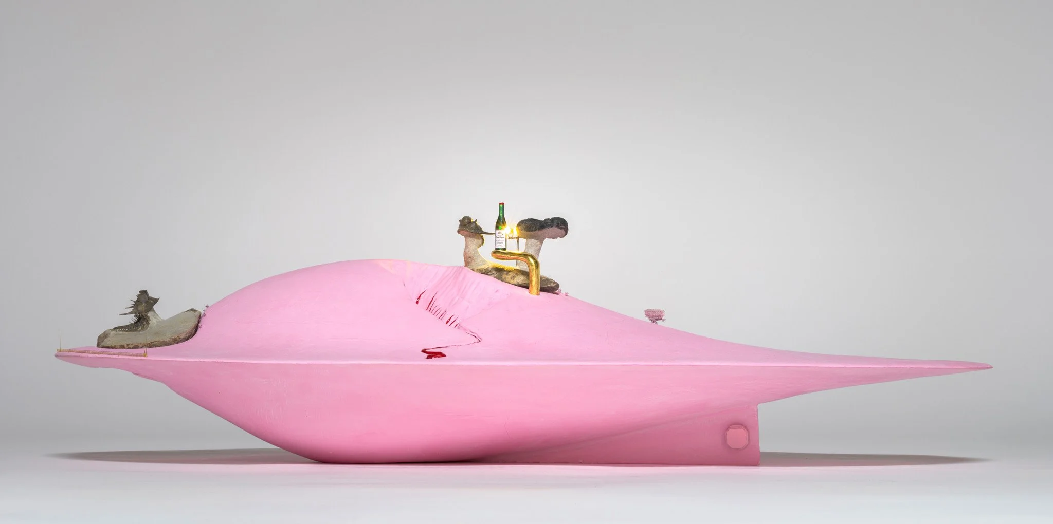   Song of the Lovesick Erbenochile feat. Flying Marroqops &amp; Cyphaspis with Blood and Wine  (detail) 2025-2026 Wood, pigmented gesso, bole, gold, limestone, electronics, plastic, brass, enamel paint, pearls, rhinestones, diamonds 710 x 205 x 290mm