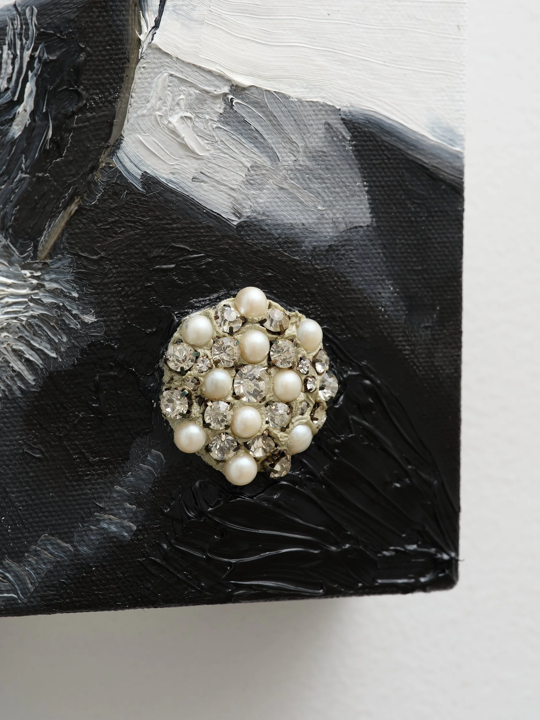   Fox with Embellishment  (detail) 2026 Oil on canvas, pearls, crystals 148 x 210 x 45mm 