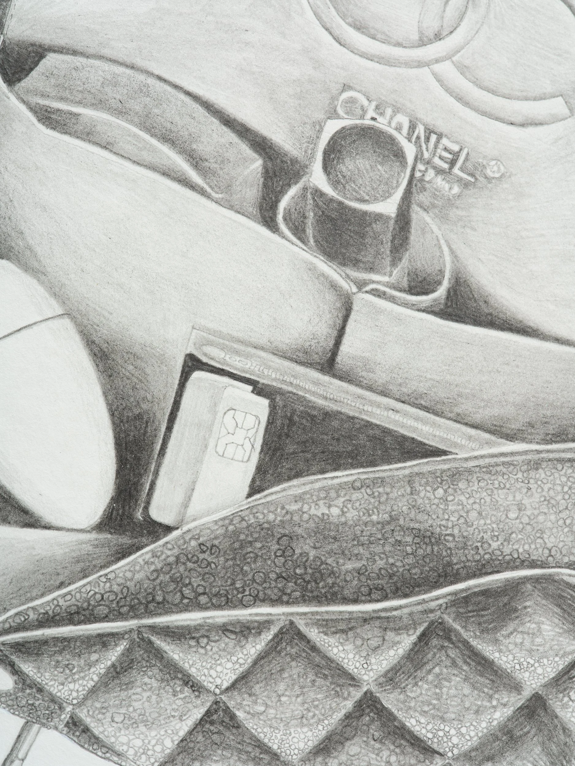   Bag Diagram  (detail) 2026 Pencil, gesso on paper, mouse 210 x 297 x 100mm 