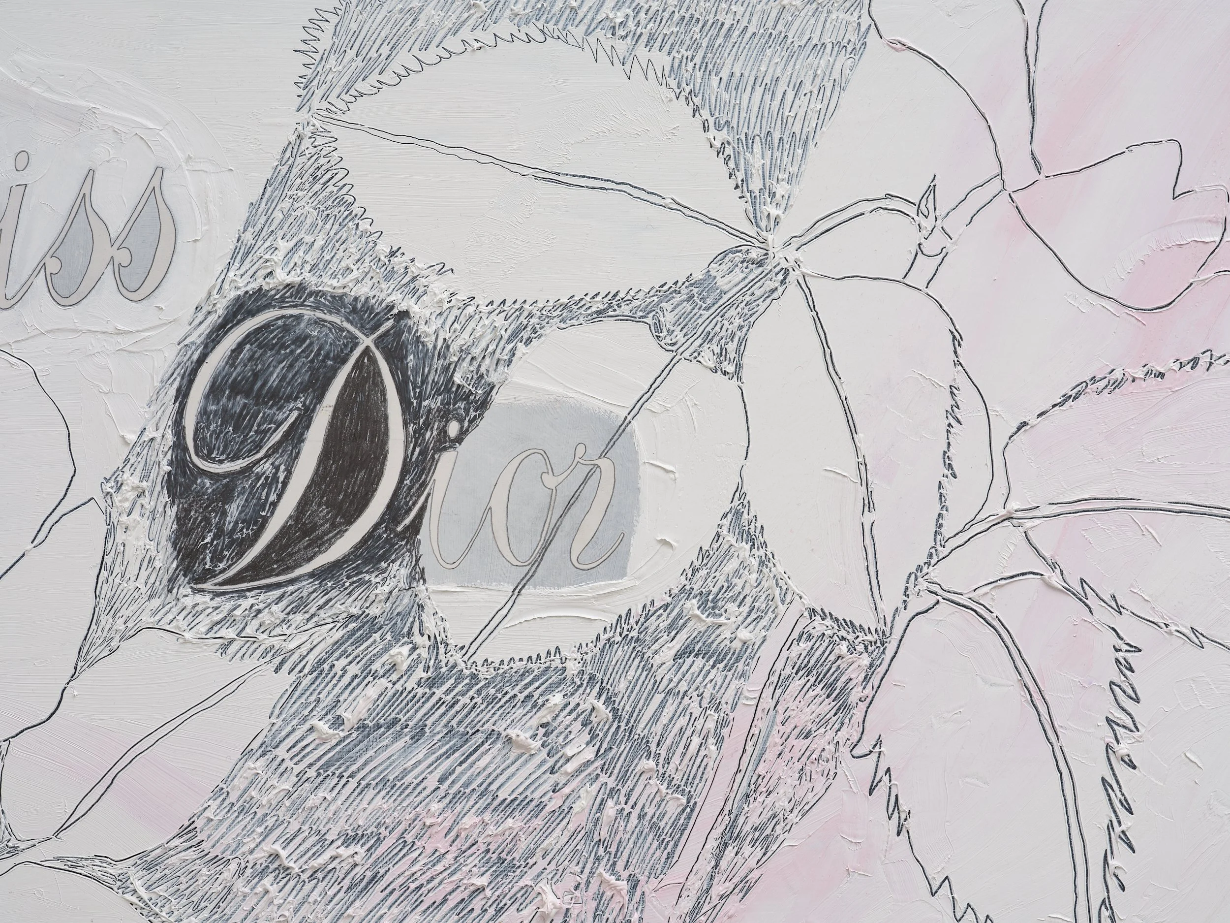   Miss Dior  (detail) 2026 Oil, pencil, paper on wood, bottle, resin 950 x 400 x 100mm 