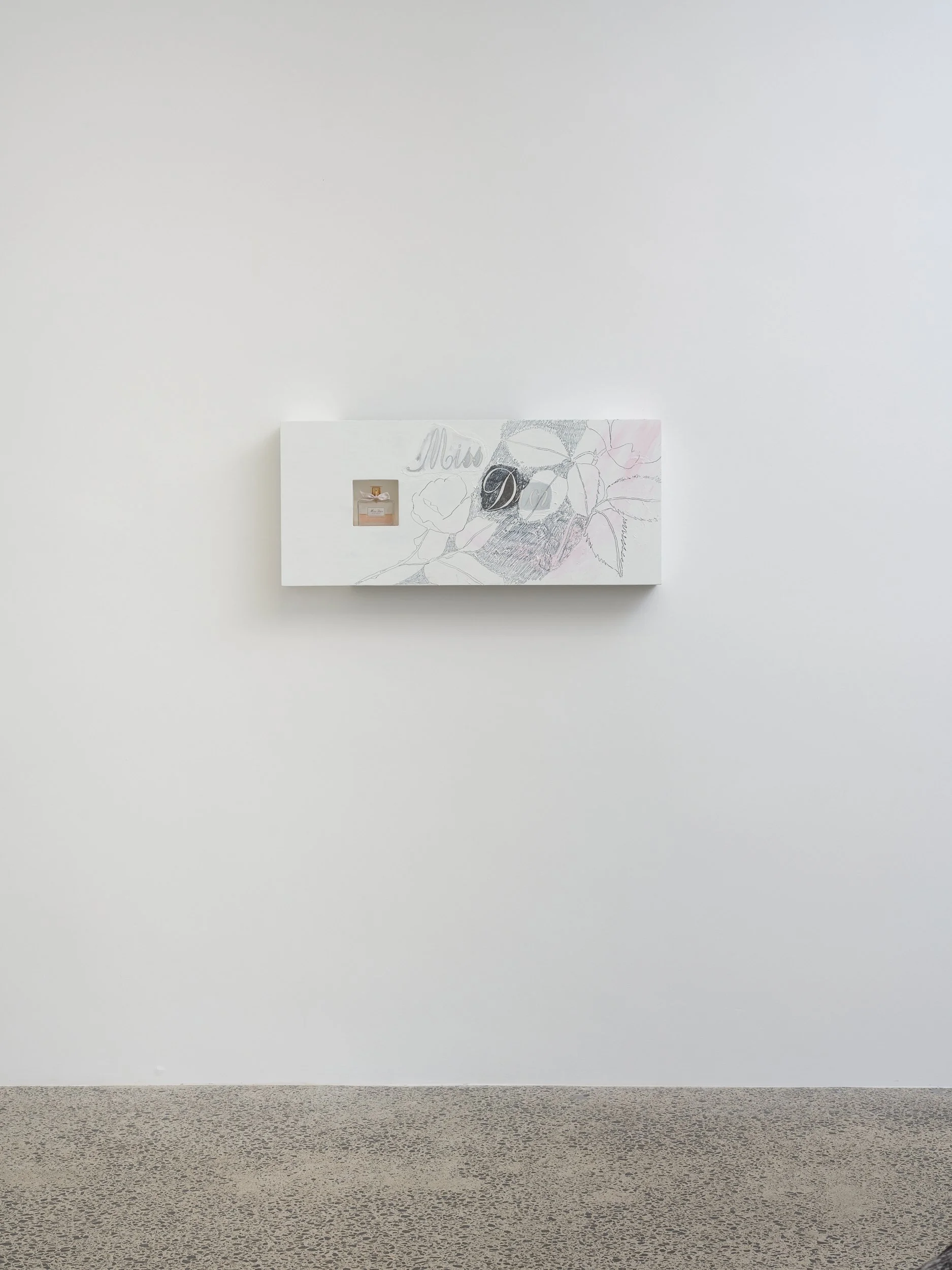   Miss Dior  2026 Oil, pencil, paper on wood, bottle, resin 950 x 400 x 100mm 
