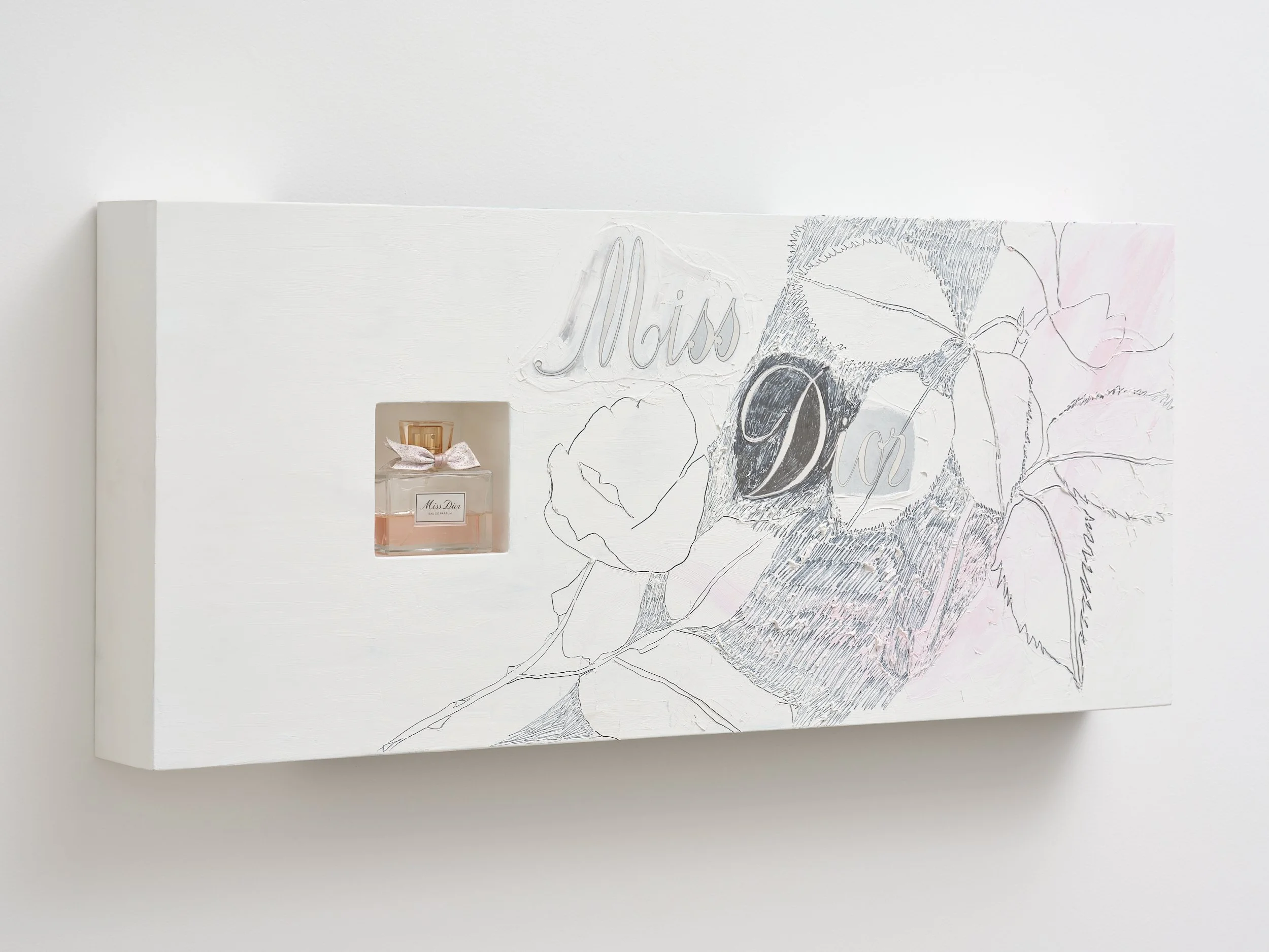   Miss Dior  2026 Oil, pencil, paper on wood, bottle, resin 950 x 400 x 100mm 