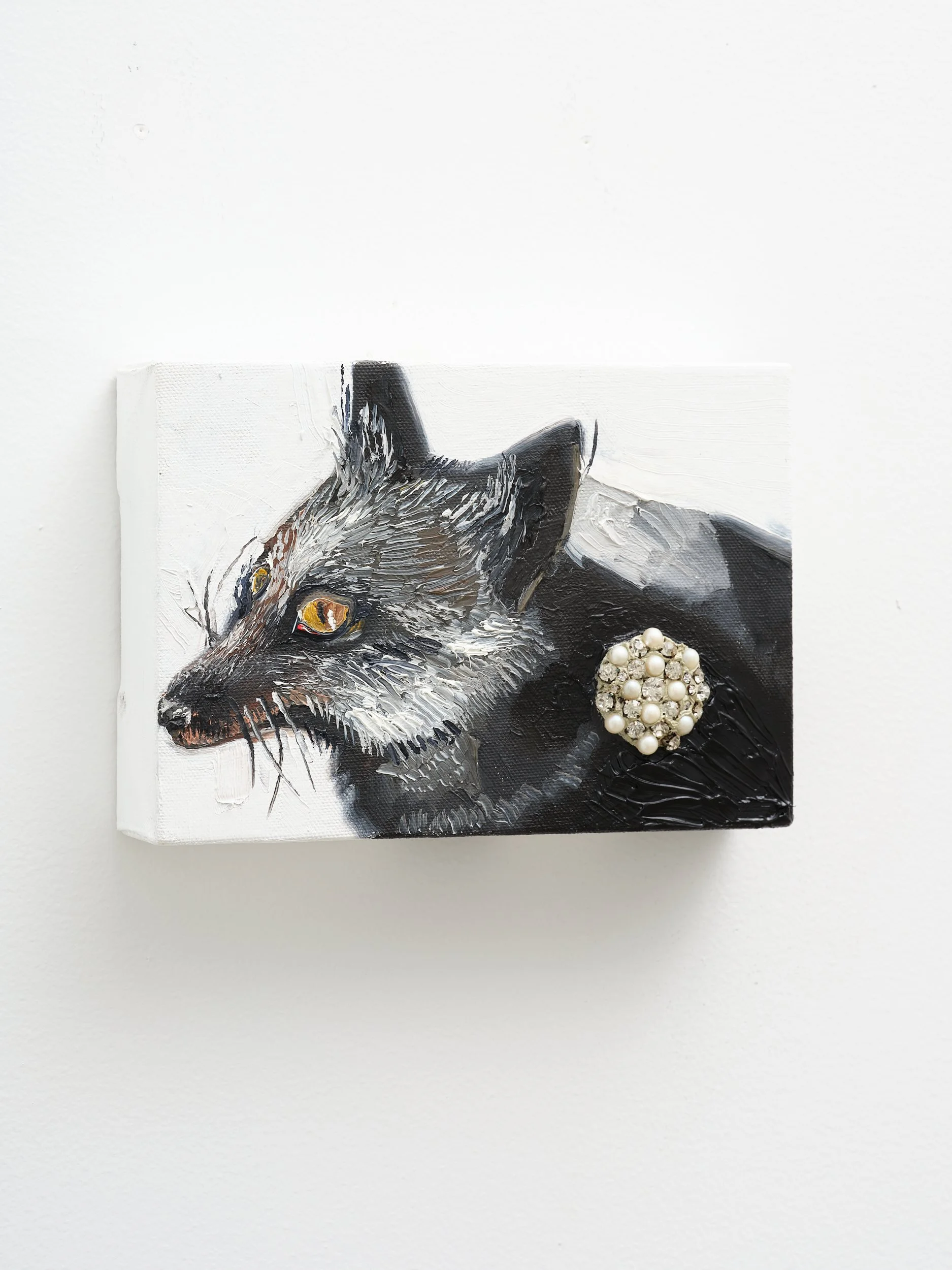   Fox with Embellishment  2026 Oil on canvas, pearls, crystals 148 x 210 x 45mm 