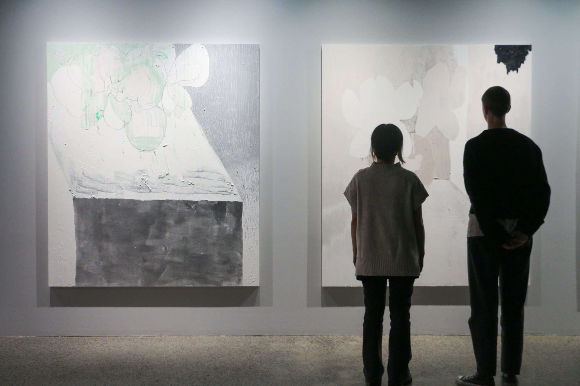   Menthol  2024 oil, graphite, gesso, spray paint on canvas fixed to wood panel 185 x 160cm   Midnight Magnolias  2024 oil, graphite, gesso, spray paint on canvas fixed to wood panel 185 x 160cm  Installation view, Yana Dombrowsky-M’Baye, Dayle Palfr