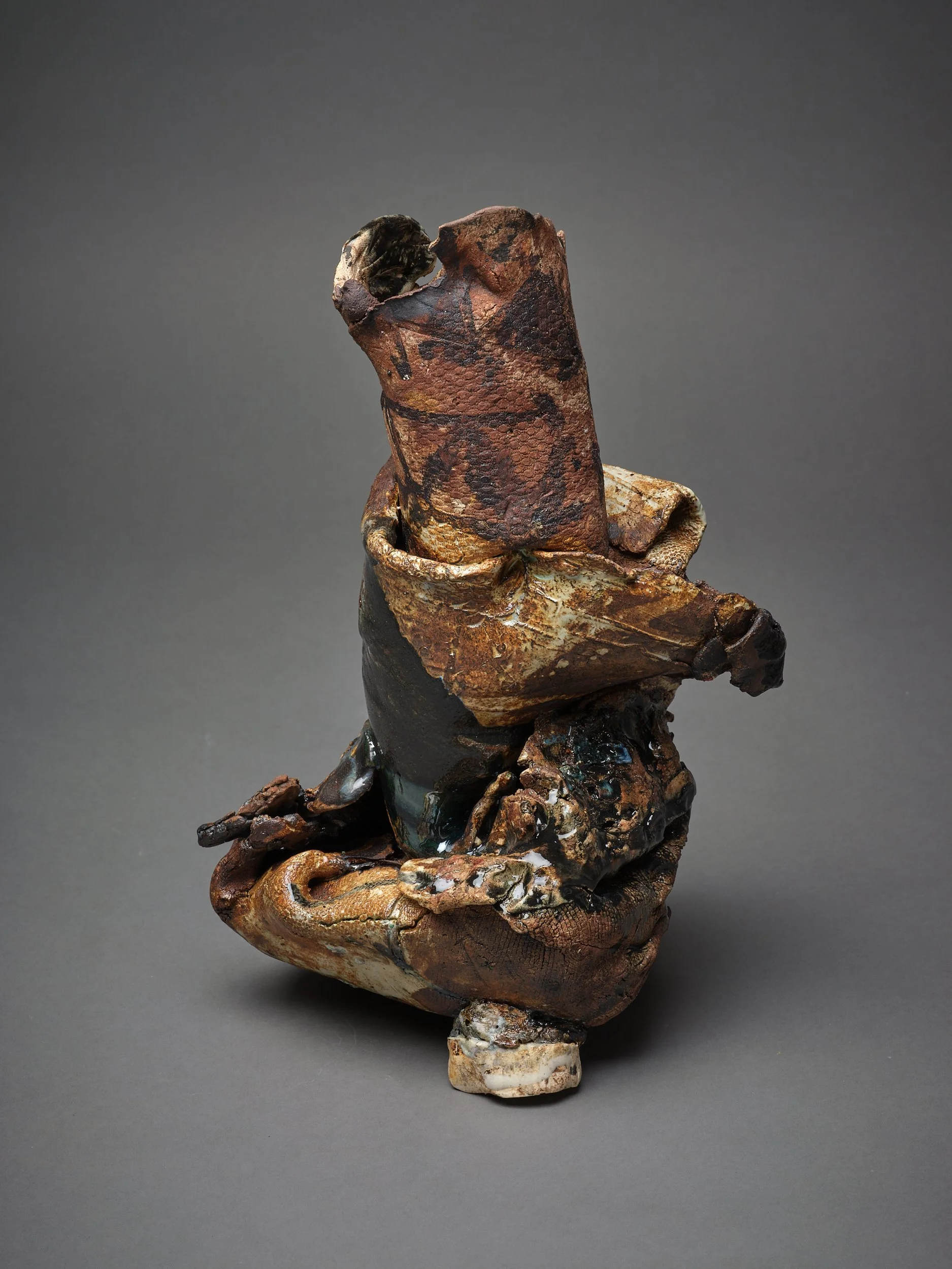   Footed  2022 earthenware, raw clay, stoneware, porcelain, copper, glass, iron sand, ceramic scraps, ceramic pigment and oxide 340 x 250 x 200mm 