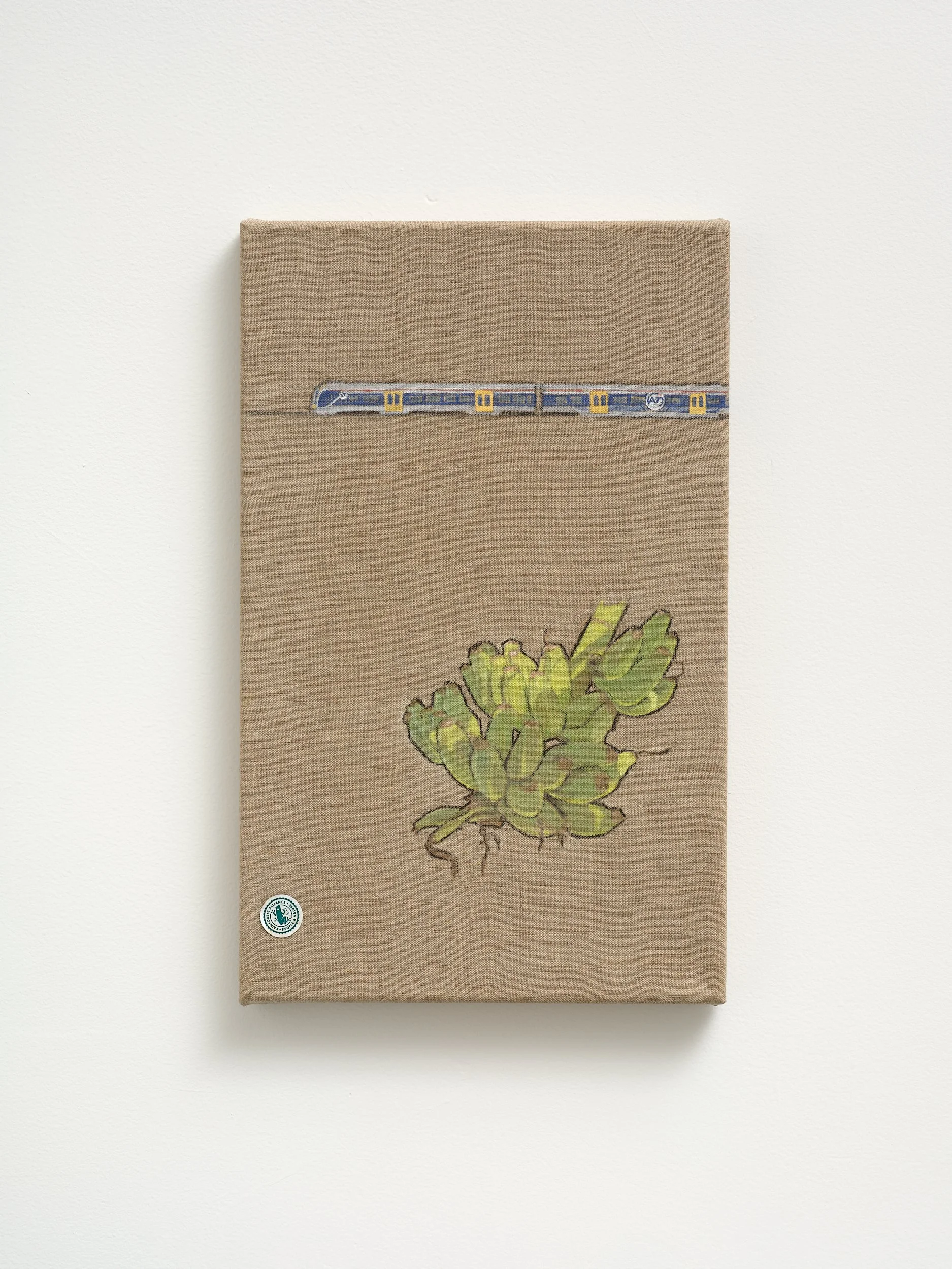   Uncertainty of Maungawhau Station  2026 casein, pastel, oil, and sticker on linen 405 x 255mm 
