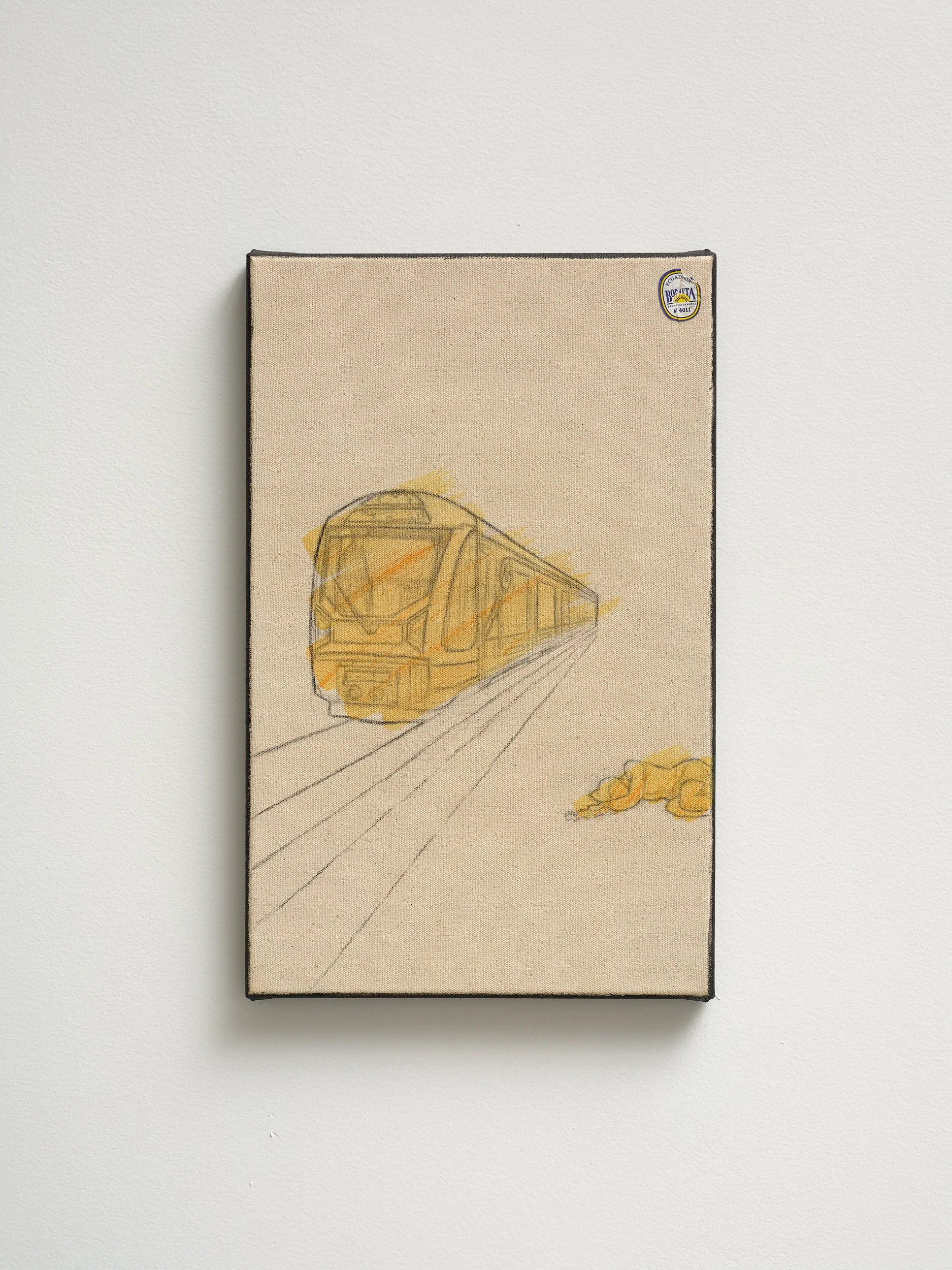   Arrival of Maungawhau Station  2026 casein, pastel and sticker on canvas 405 x 255mm 
