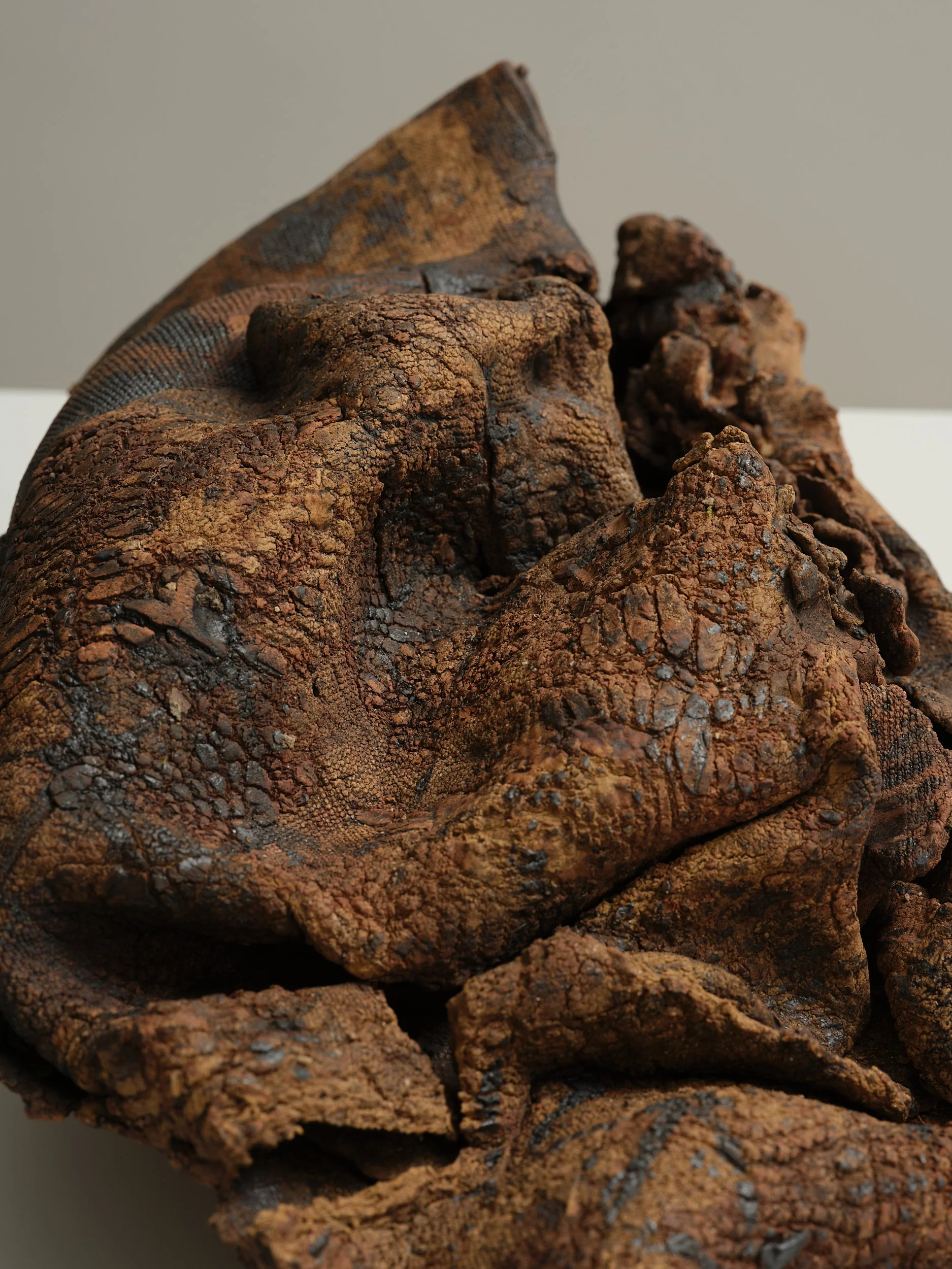   Sack  (detail) 2026 clay, pigment, oxide, glass 430 x 280 x 180mm 