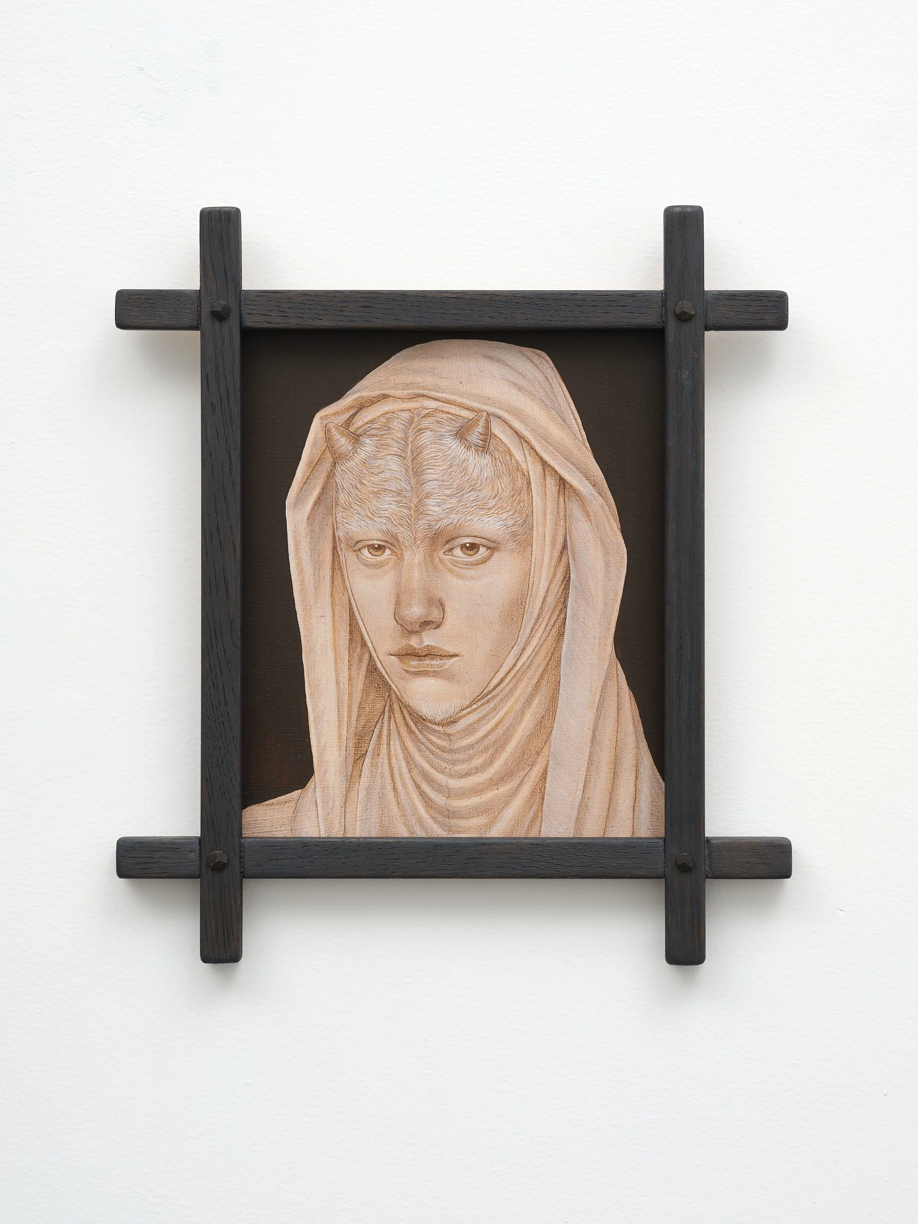   Changeling I  2026 oil and coloured pencil on panel, handmade American White Oak frame 360 x 320mm 