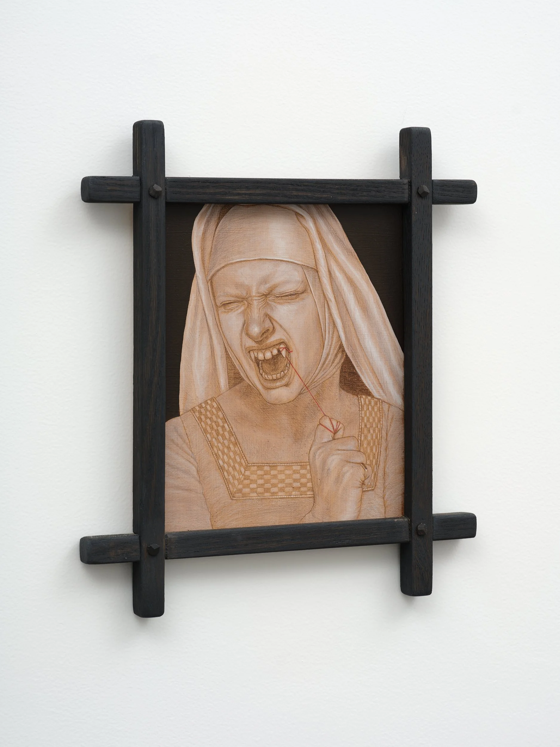   Changeling II  2026 oil and coloured pencil on panel, handmade American White Oak frame 360 x 320mm 