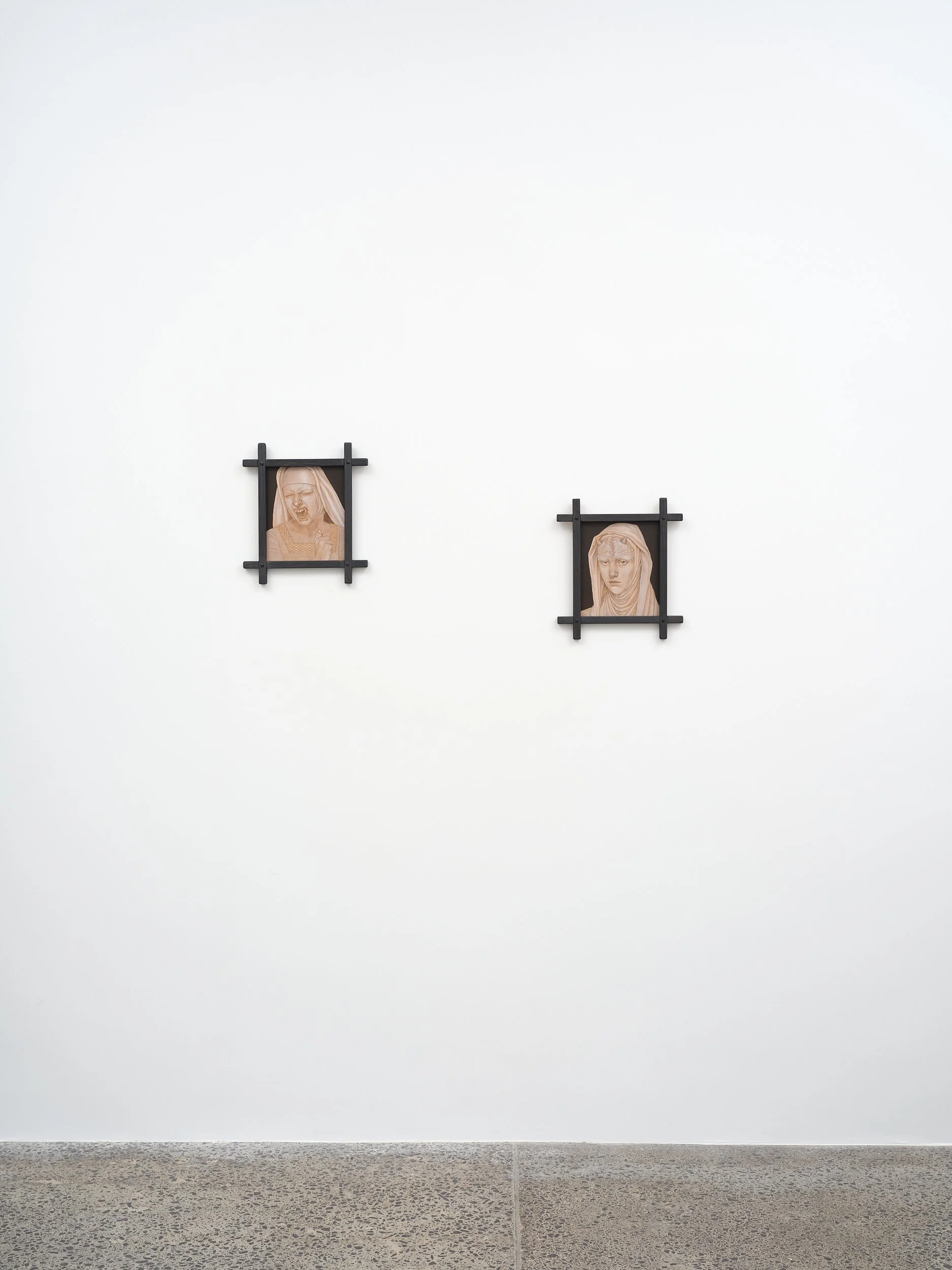  Changeling I  2026 oil and coloured pencil on panel, handmade American White Oak frame 360 x 320mm    Changeling II  2026 oil and coloured pencil on panel, handmade American White Oak frame 360 x 320mm 
