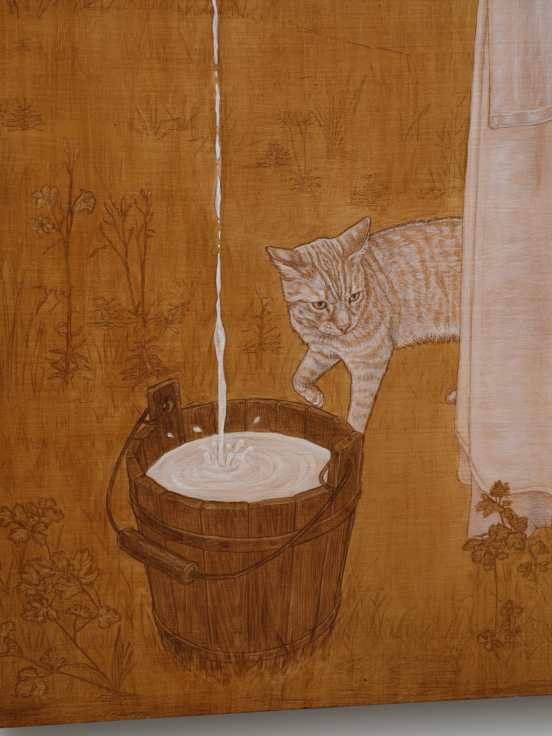   Milking of an Axe  (detail) 2026 oil and coloured pencil on panel 800 x 400mm 