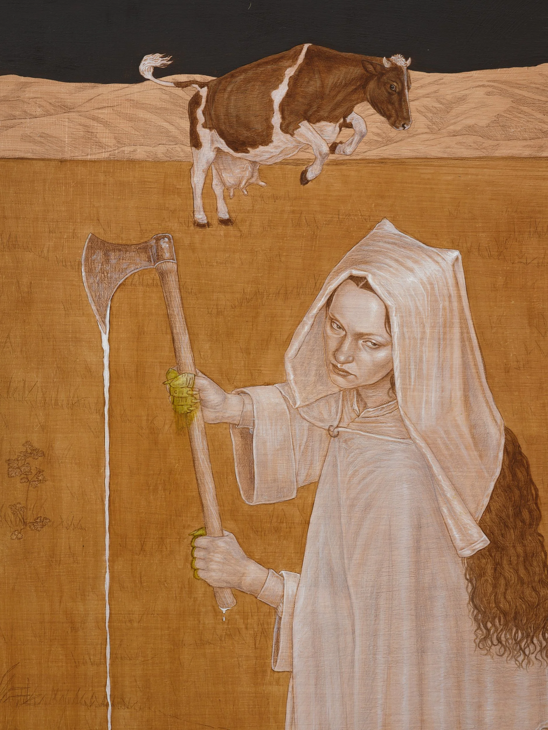   Milking of an Axe  (detail) 2026 oil and coloured pencil on panel 800 x 400mm 