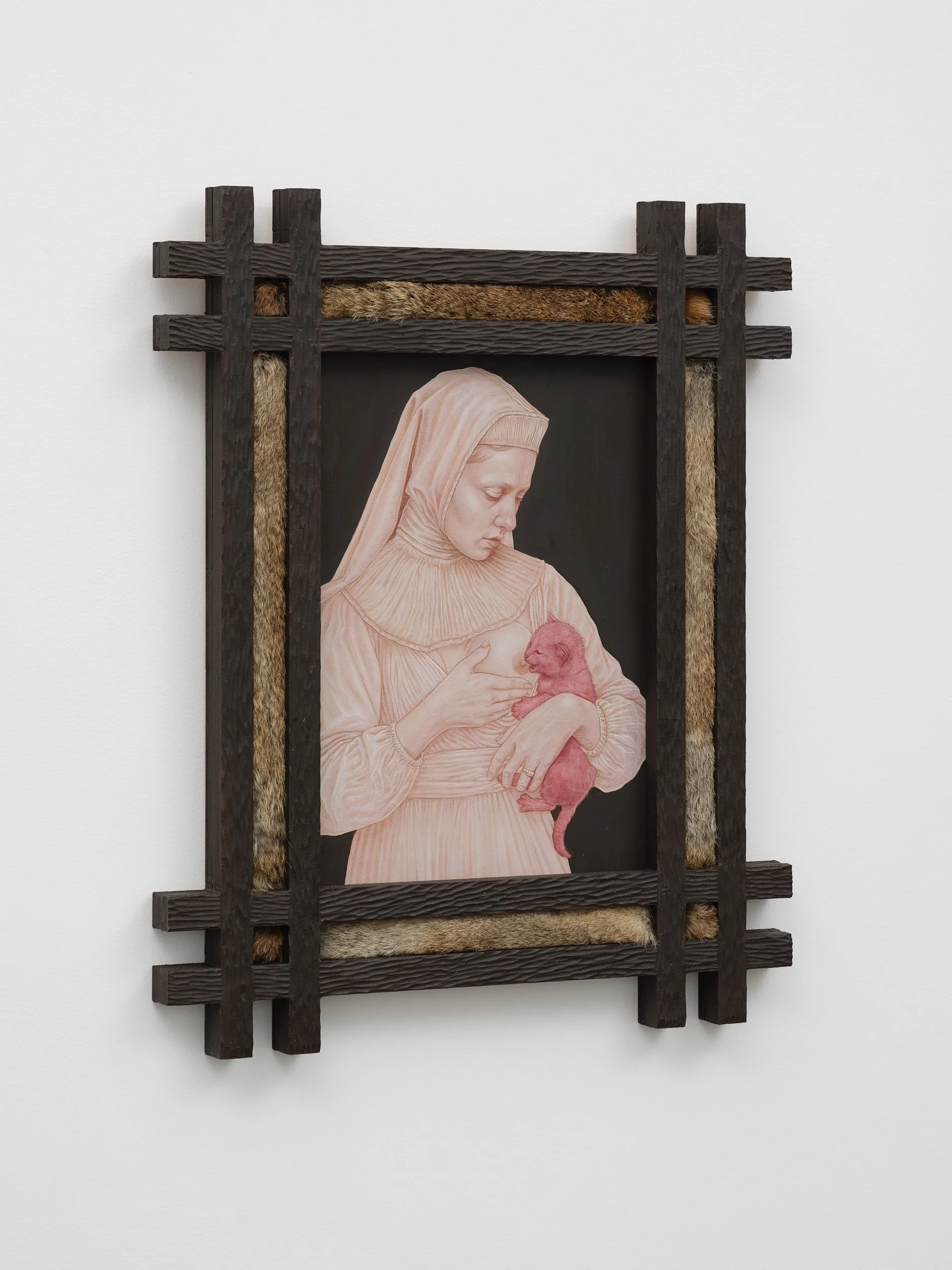   Wet Nurse I  2026 oil and coloured pencil on panel, NZ sourced rabbit fur 495 x 600mm 