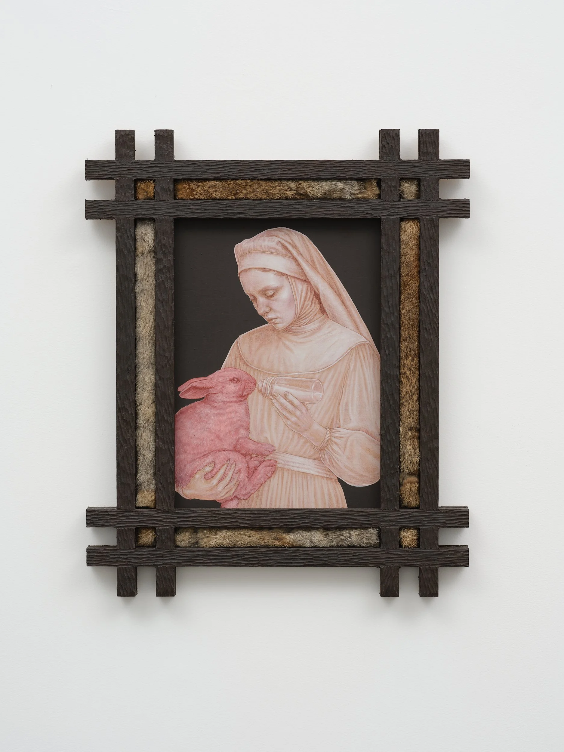   Wet Nurse II  2026 oil and coloured pencil on panel, NZ sourced rabbit fur  495 x 600mm 