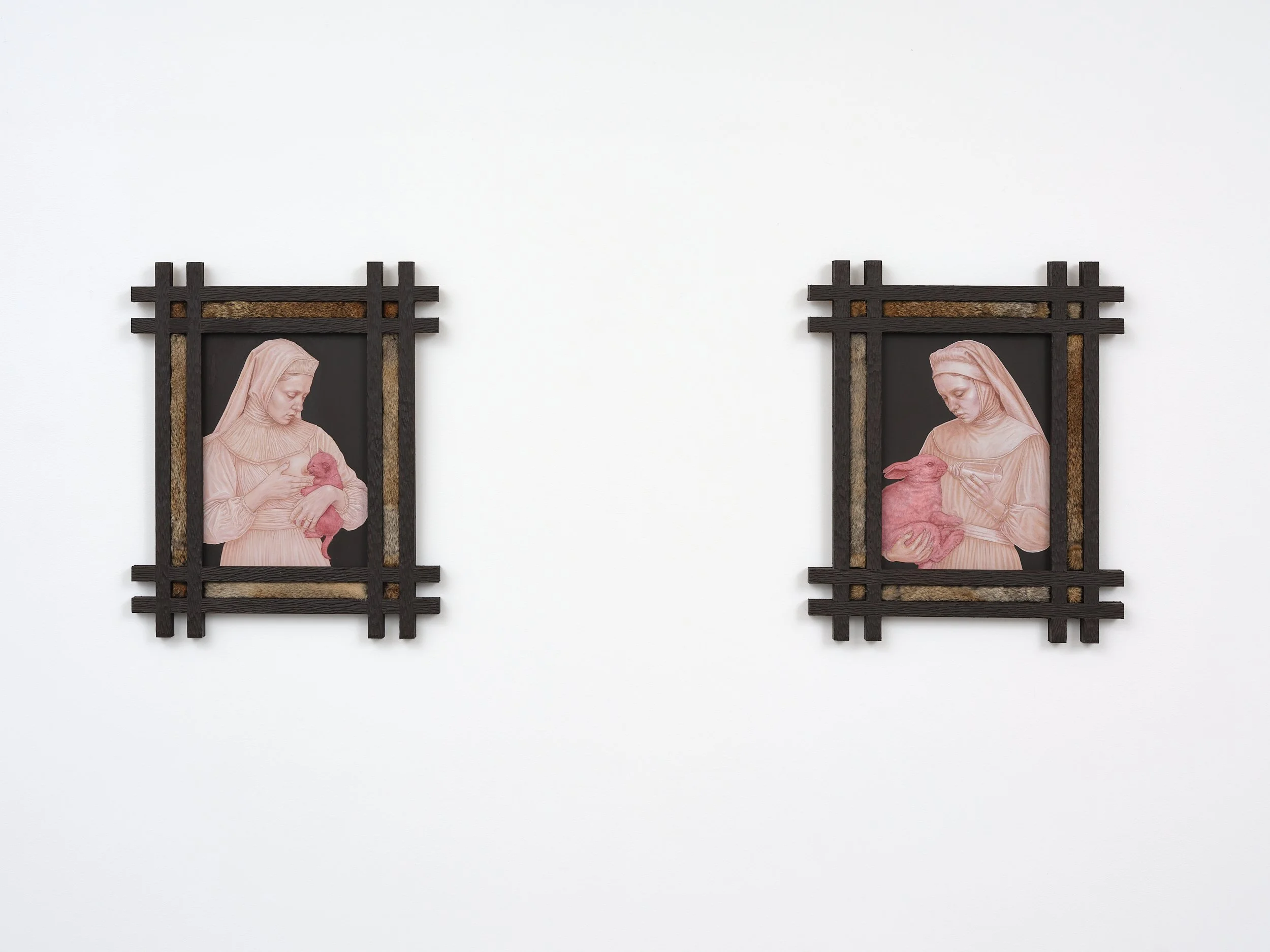   Wet Nurse I  2026 oil and coloured pencil on panel, NZ sourced rabbit fur 495 x 600mm    Wet Nurse II  2026 oil and coloured pencil on panel, NZ sourced rabbit fur  495 x 600mm 