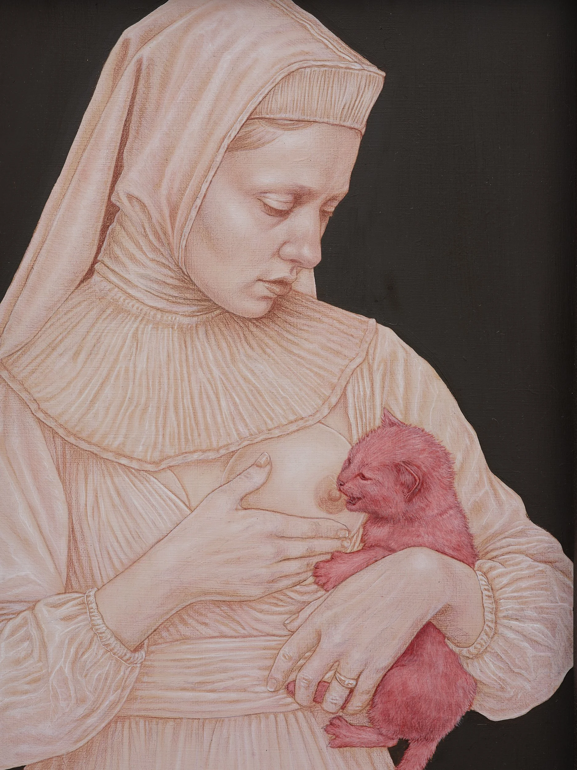   Wet Nurse I  (detail) 2026 oil and coloured pencil on panel, NZ sourced rabbit fur 495 x 600mm 