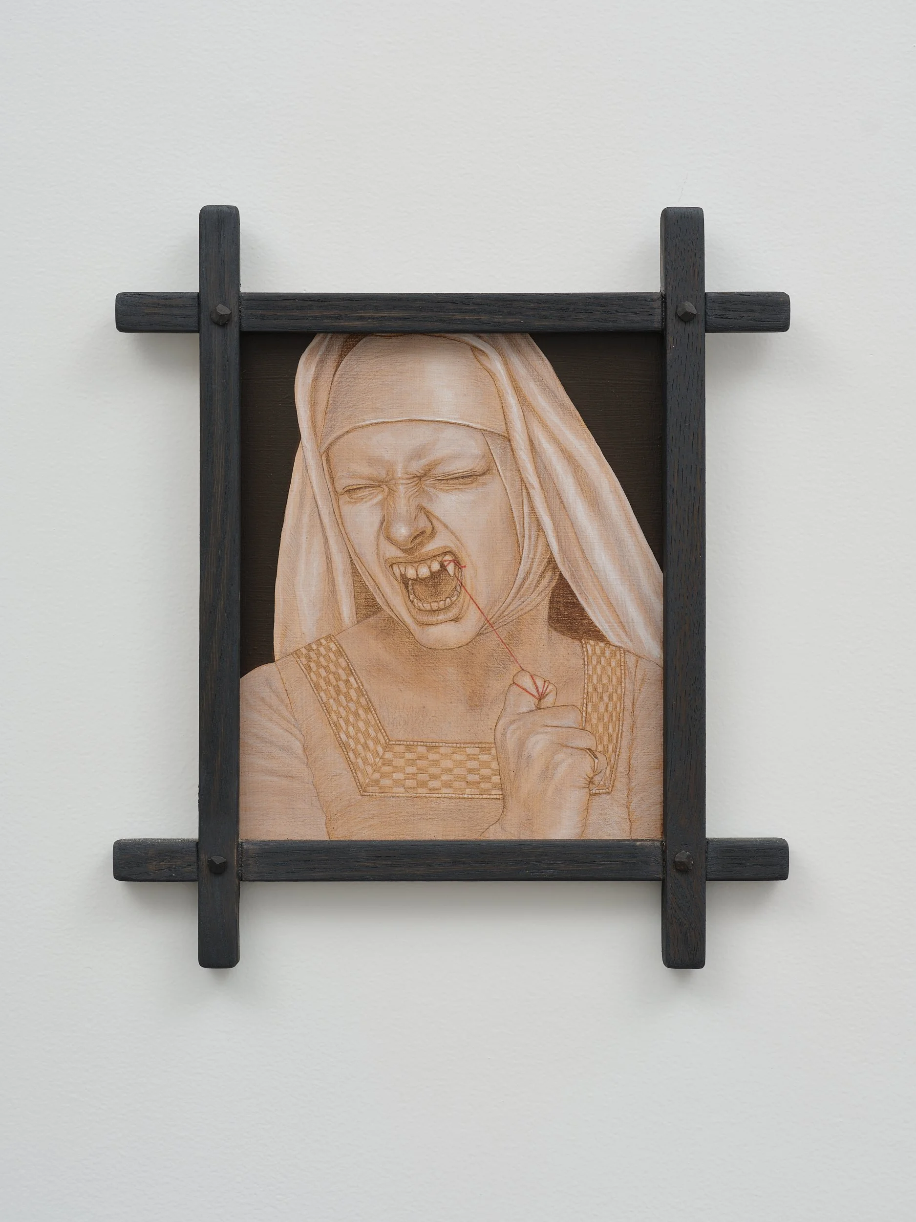   Changeling II  2026 oil and coloured pencil on panel, handmade American White Oak frame 360 x 320mm 