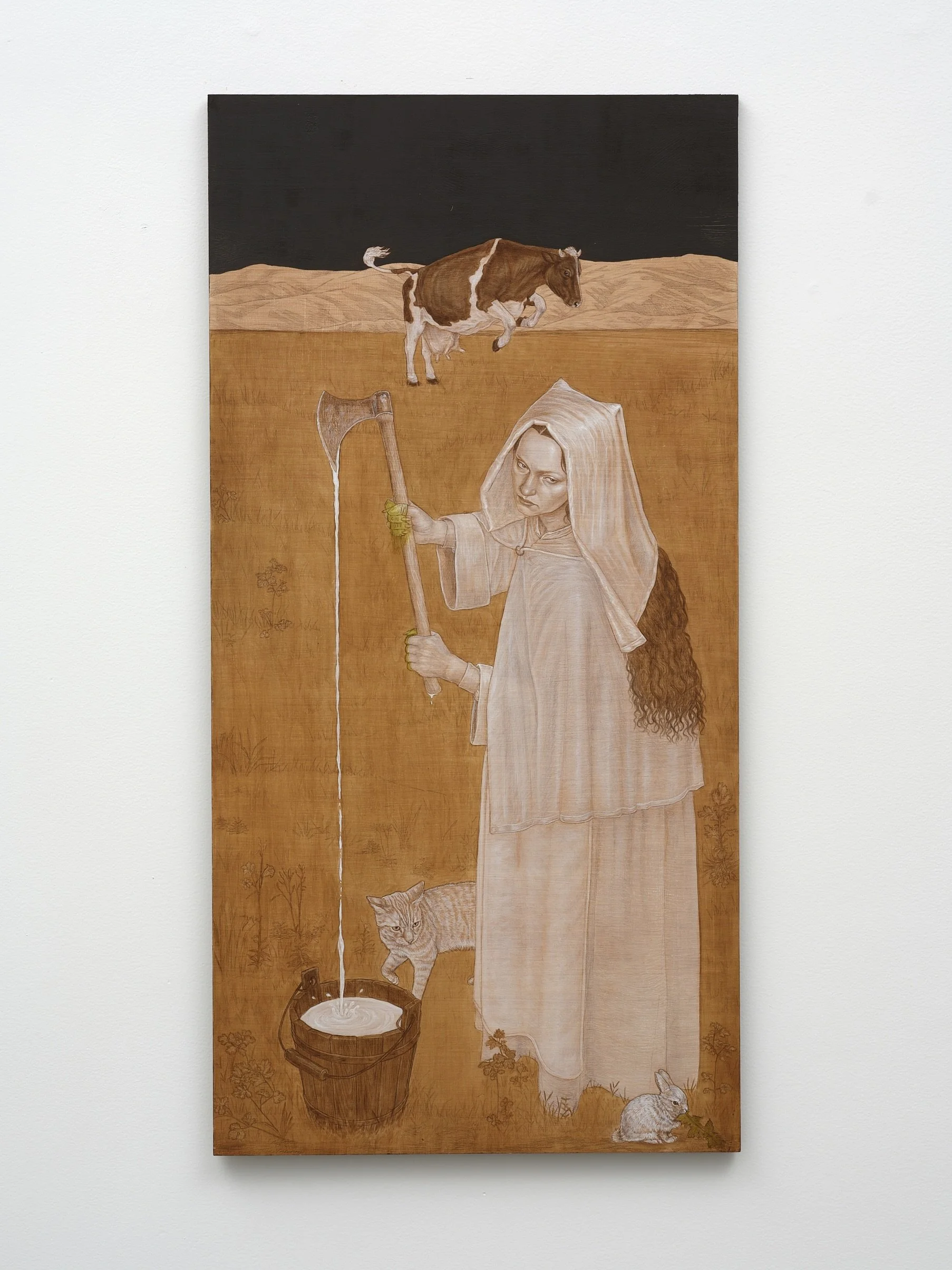   Milking of an Axe  2026 oil and coloured pencil on panel 800 x 400mm 