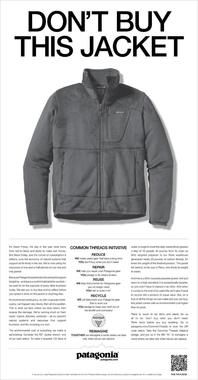Patagonia’s Don’t Buy This Jacket advert. Image credit: PR