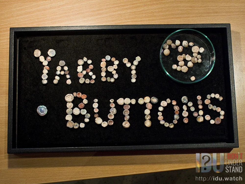 "Yabby Buttons" made of yabby buttons. This was intended to be part of the intro graphic for the IDU episode, along with a timelapse of its construction, but ultimately wasn't used. It does appear on the YouTube video thumbnail, though! You can see the gorgeous gem-quality crystal yabbby button on the left. What a thing!
